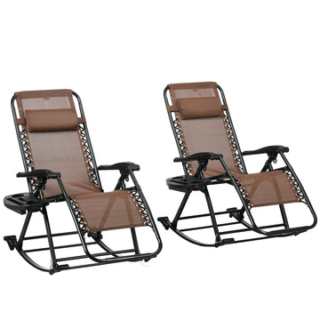 Outsunny Set Of 2 Outdoor Rocking Chairs, Foldable Reclining Zero Gravity Lounge Rocker With Pillow, Cup & Phone Holder, Combo Design With Folding Legs, Brown Brown Fabric Metal