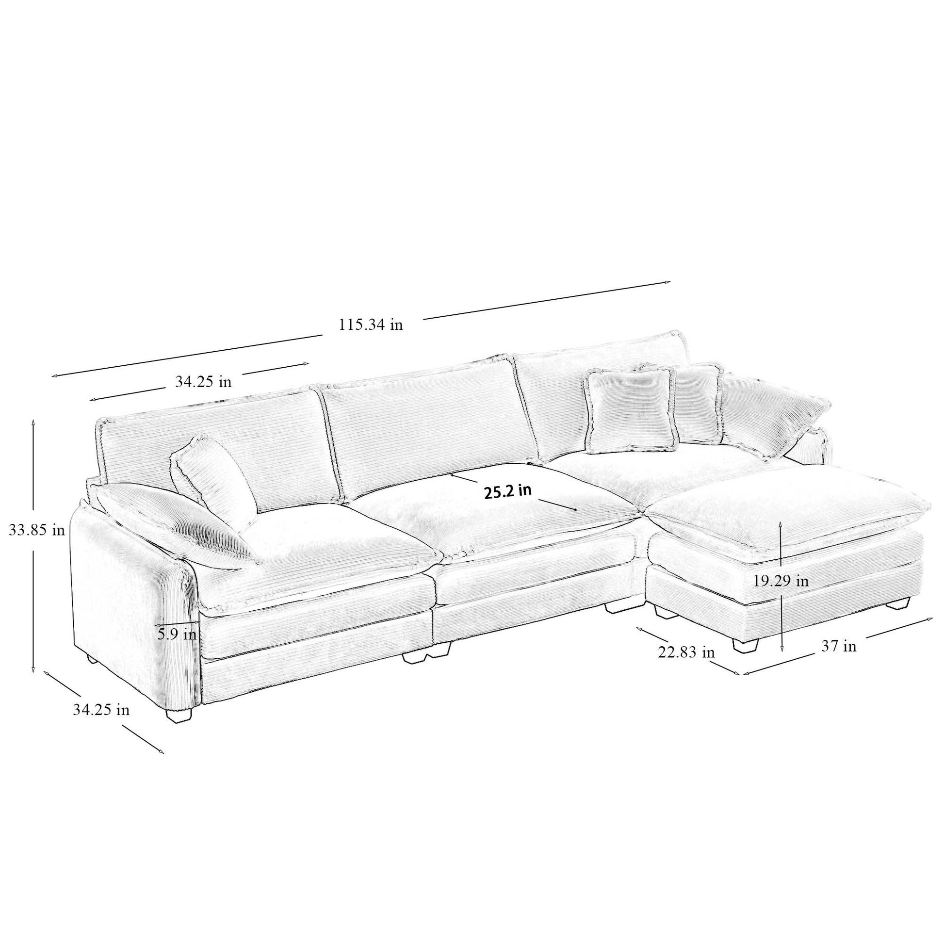 Oversize 3 Seater Sofa With One Footrest, L Shaped Sectional Sofa With Ottoman For Living Rooms, White Corduroy Sofa White Corduroy 3 Seat