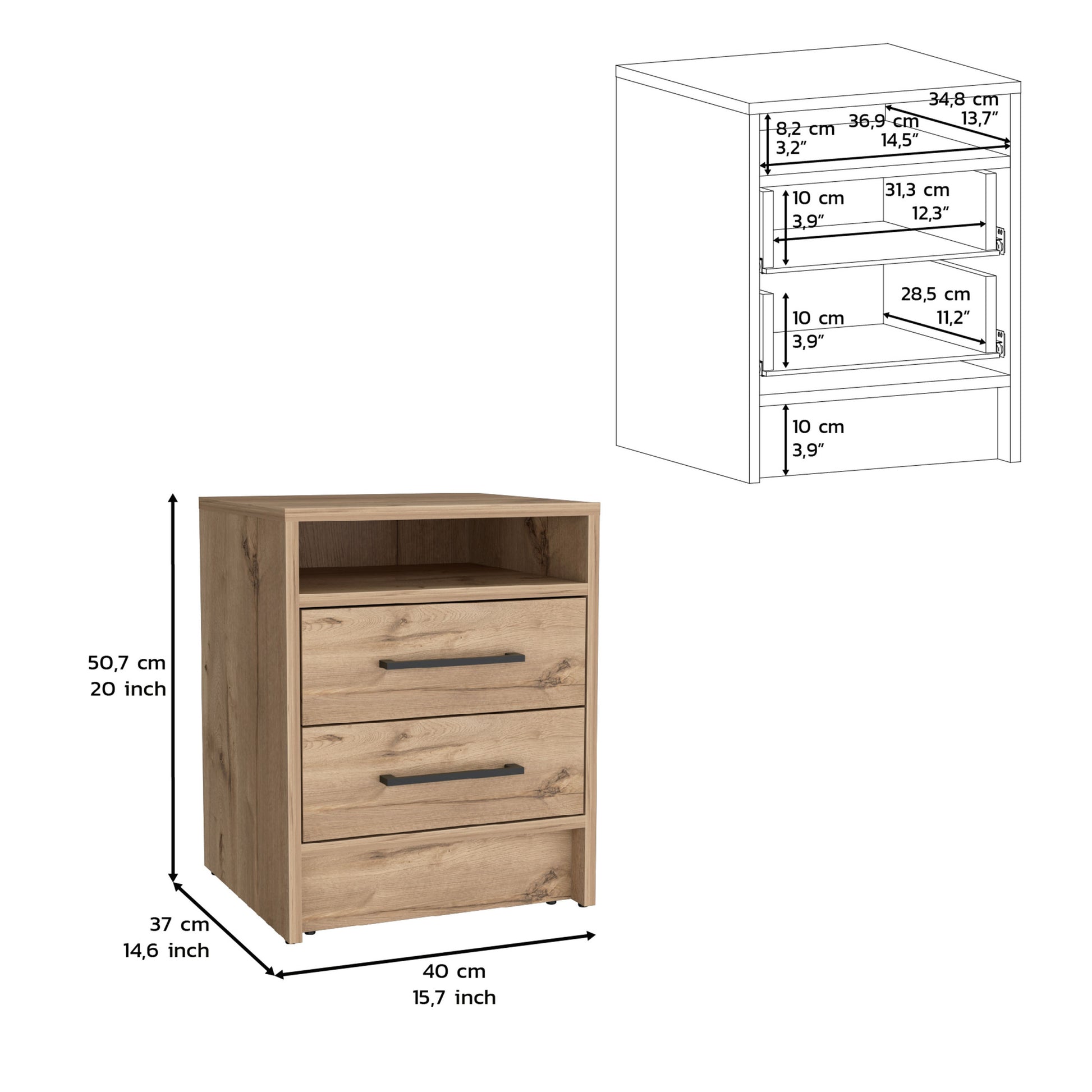 Nightstand 20"H, Two Drawers, Superior Top, Metal Handles, Light Oak Beige Particle Board Particle Board