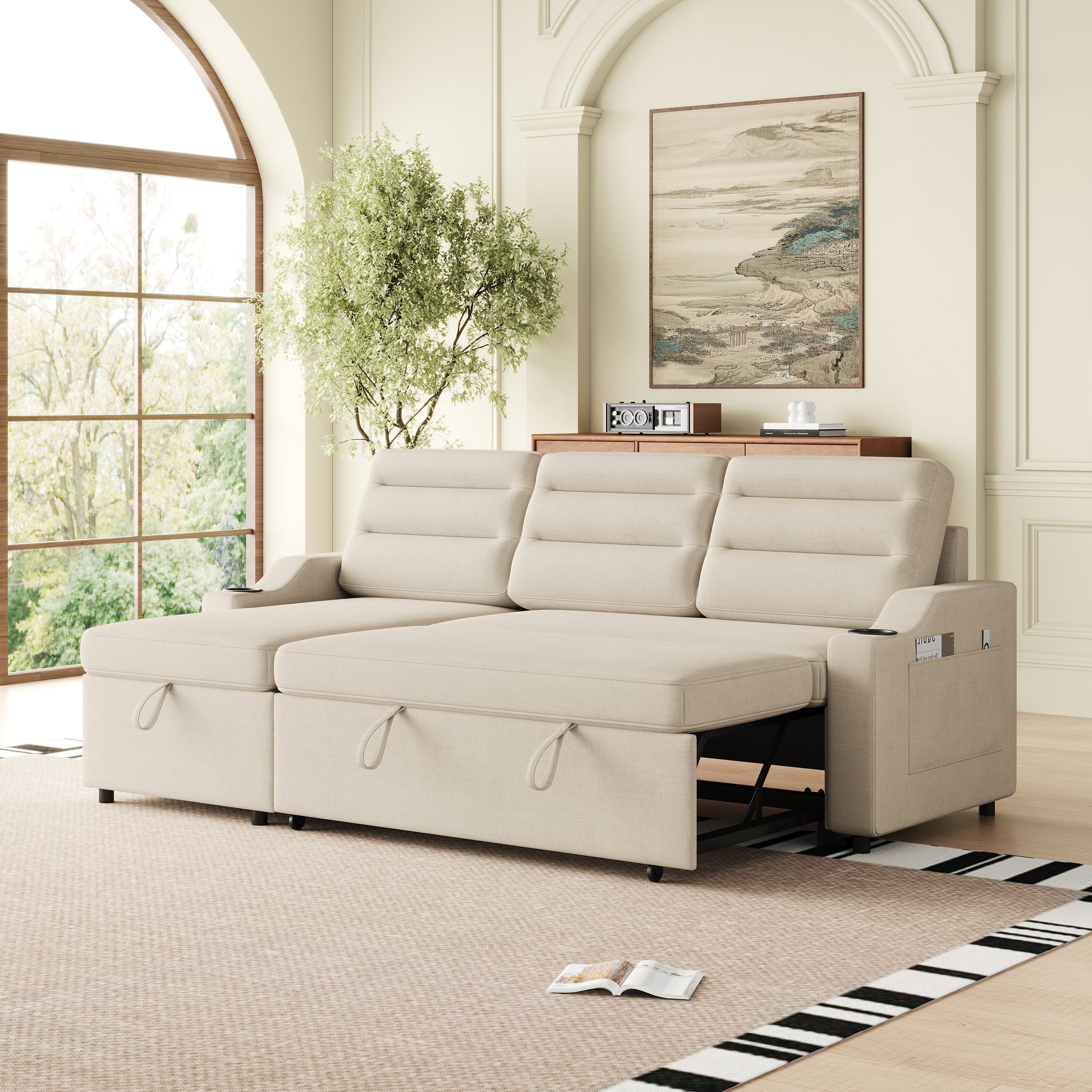 Mh83.5" Convertible Sleeper Combo Sofa, Convertible Sofa Bed Polyester Pullout Bed With Storage Recliner And Cup Holder For Living Room, Tight Spaces Beige Polyester Wood Primary Living Space Pine Foam Fabric 3 Seat