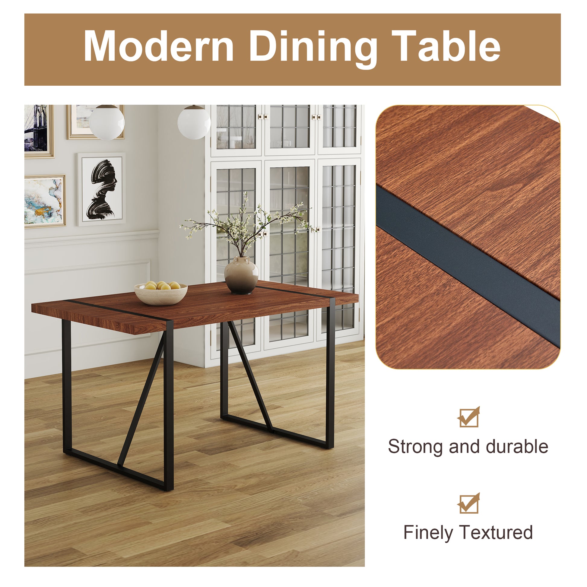 Industrial Rectangular Mdf Walnut Color Wood Grain Dining Table For 4 6 People With 1.5 Inch Thick Mdf Top And Black Metal Legs For Desks, Kitchens, Patios, Dining Rooms. Walnut Mdf