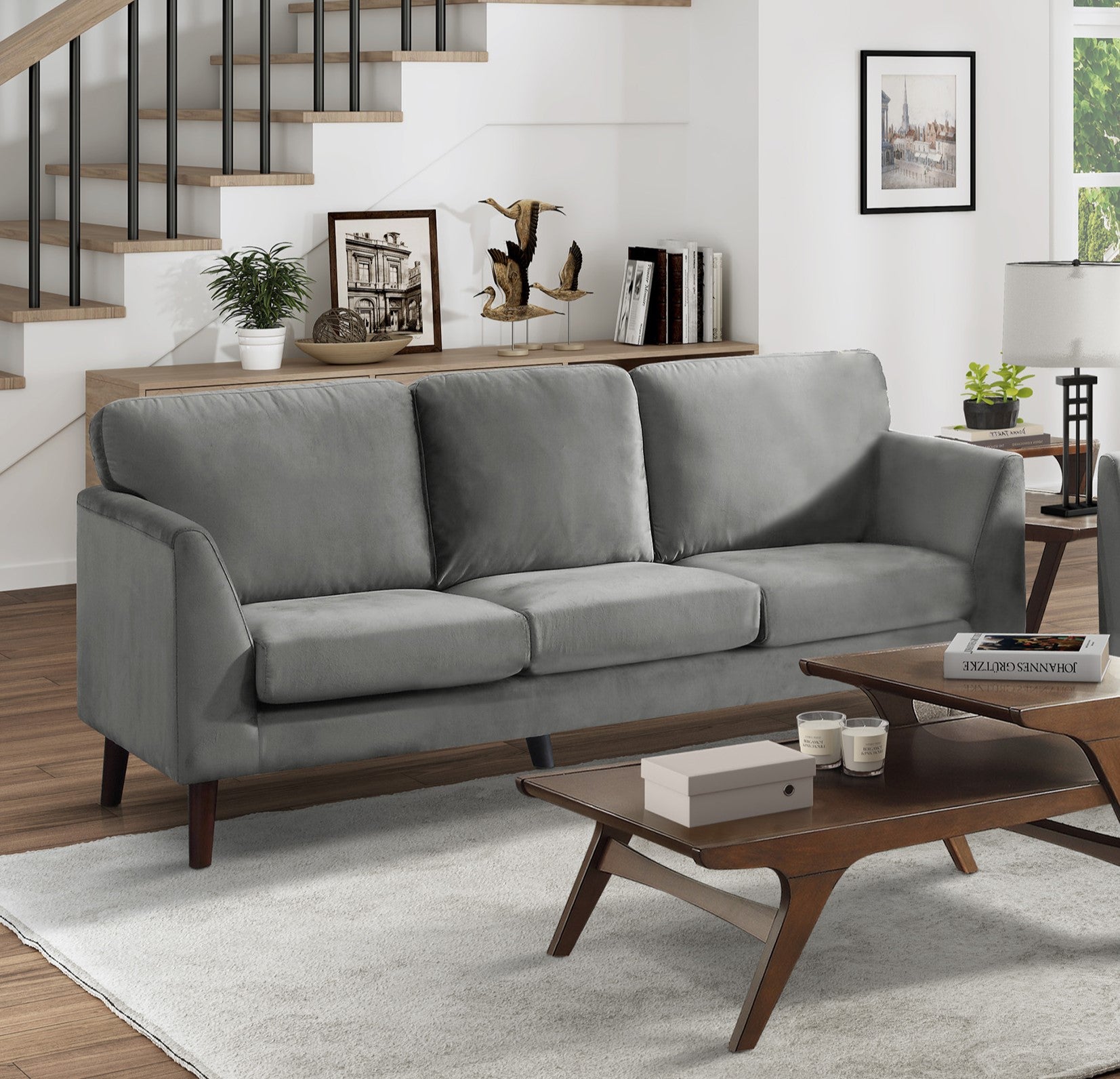 Modern Contemporary 2Pc Sofa Set Gray Sofa Loveseat Velvet Upholstery Dark Brown Legs Solid Wood Living Room Furniture Gray Velvet Wood Primary Living Space Modern Solid Wood 5 Seat