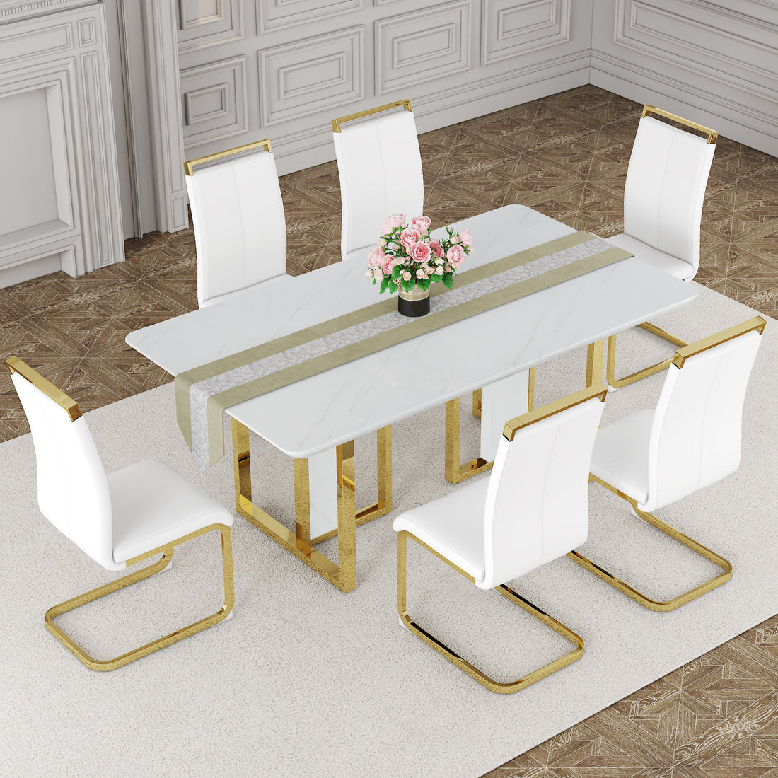 Table And Chair Set.67"X36" White Marble Pattern Mdf Dining Table Set With 6 White Pu Chairs.Mdf Sticker,White Marble Pattern Sticker,Gold C Tube Chair Legs,Suitable For Kitchen,Dining Room,Etc.