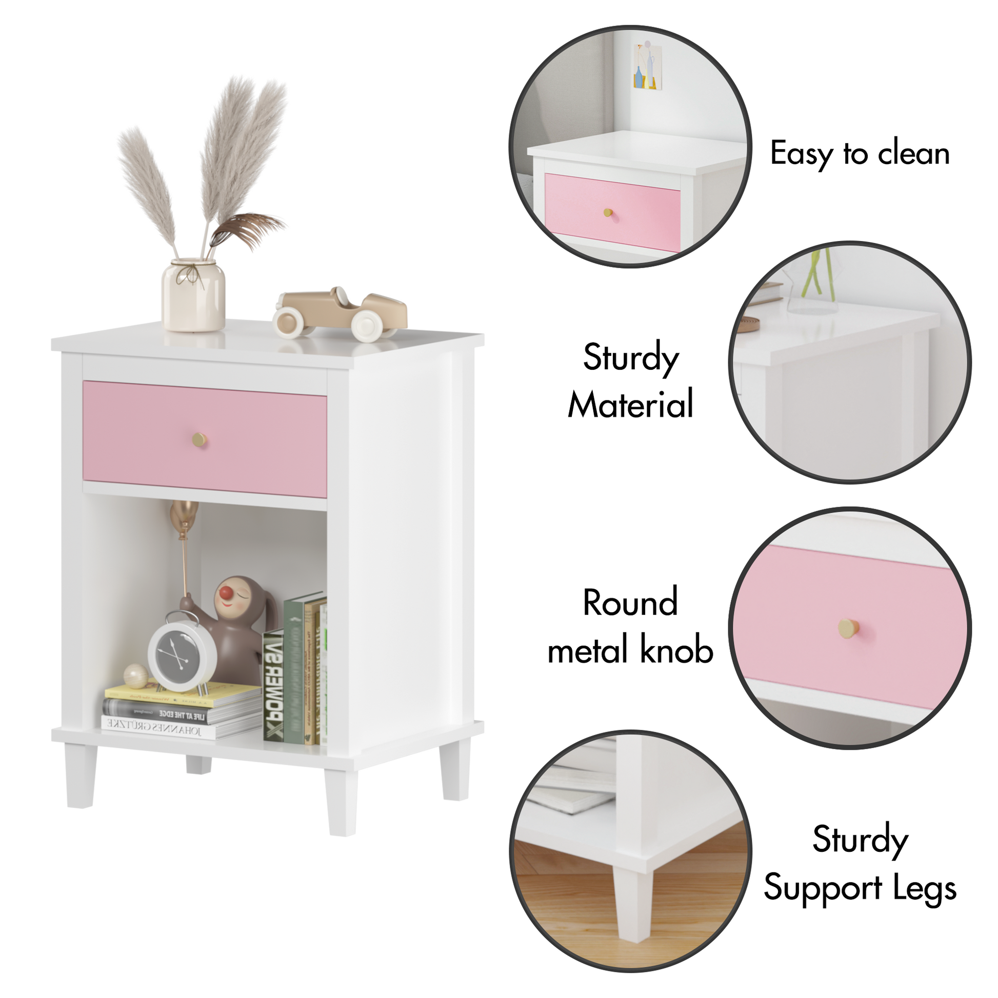 26.77''H Wooden Nightstand With One Drawer One Shelf For Kids, Adults, Pink Pink Mdf