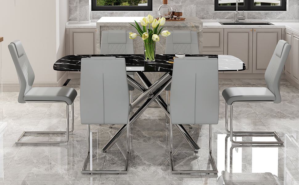 Table And Chair Set, Large Modern Minimalist Rectangular Dining Table, 0.39 "Imitation Marble Tabletop And Silver Metal Legs, Soft Leather Seats. F 1537 Silver Glass Metal