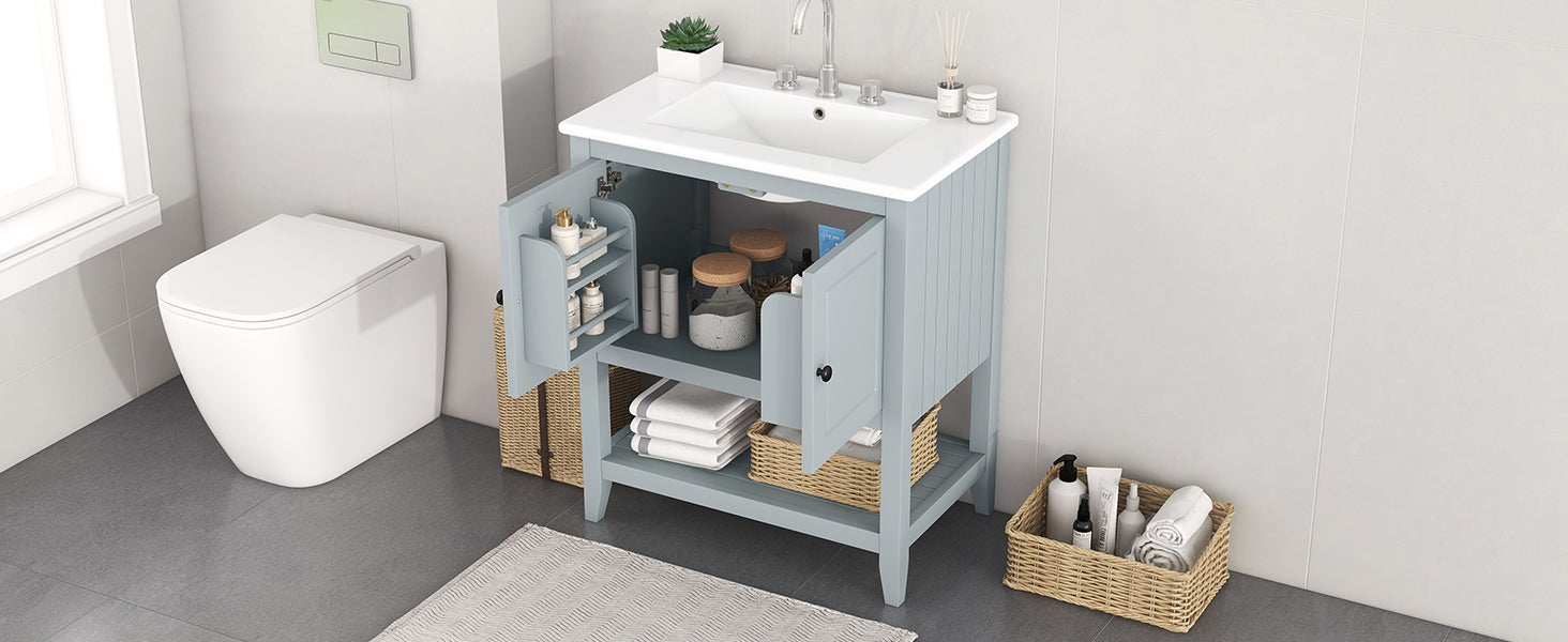 30" Gray Modern Sleek Bathroom Vanity Elegant Ceramic Sink With Solid Wood Frame Open Style Shelf & Door Shelf Design Gray Solid Wood