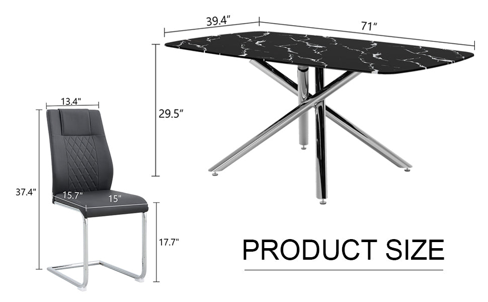 Table And Chair Set, Large Modern Minimalist Rectangular Dining Table, 0.39 "Imitation Marble Tabletop And Silver Metal Legs, Soft Leather Seats. F 1537 Silver Glass Metal