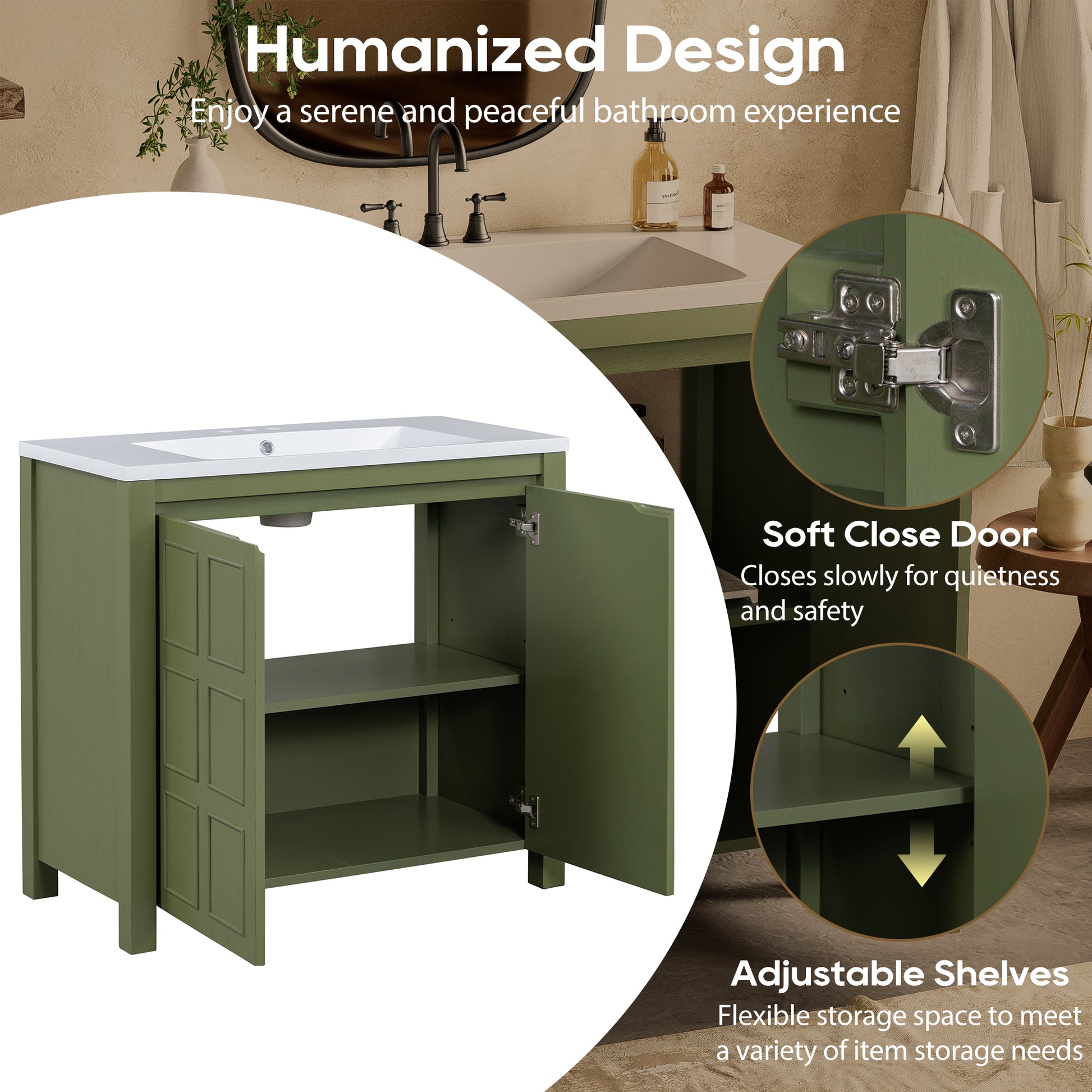 36" Bathroom Vanity Organizer With Sink, Combo Cabinet Set, Bathroom Storage Cabinet, Olive Green Olive Green Bathroom Solid Wood Mdf Resin