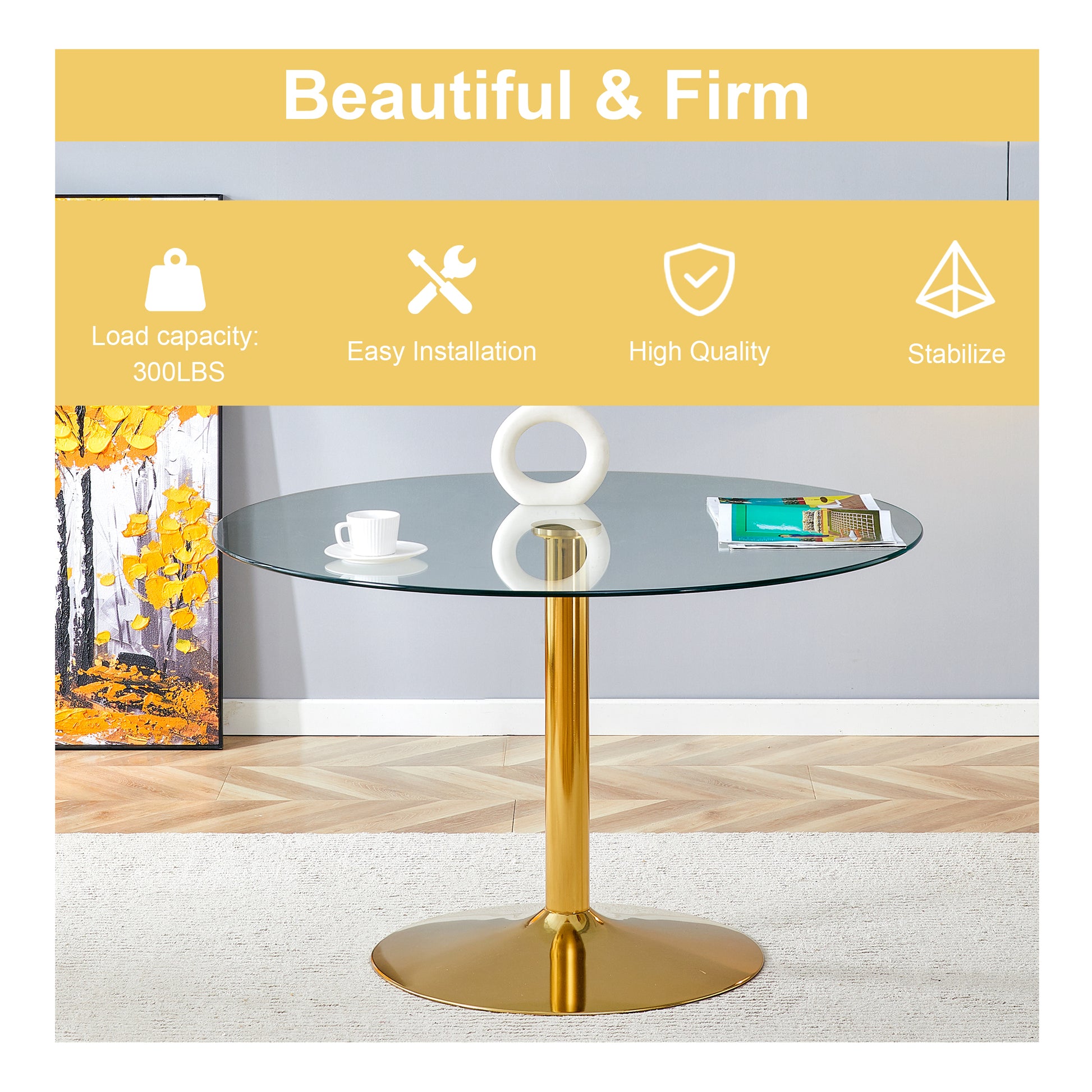 A 47 Inch Diameter Glass Top And A Modern, Minimalist Round Dining Table With Gold Metal Legs. Ideal For Dining Rooms, Living Rooms And Meeting Rooms. Model: Dt 1166 Gold Glass Metal