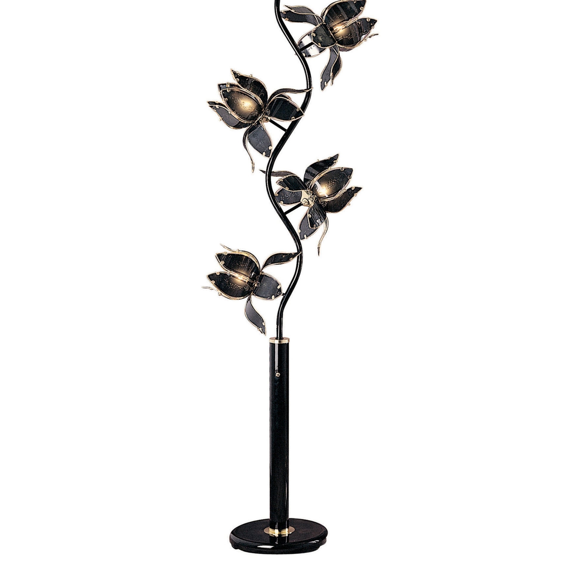 73" Tall Floor Lamp, 4 Black And Gold Flower Shaped Lights With Crystal Accents Black Metal