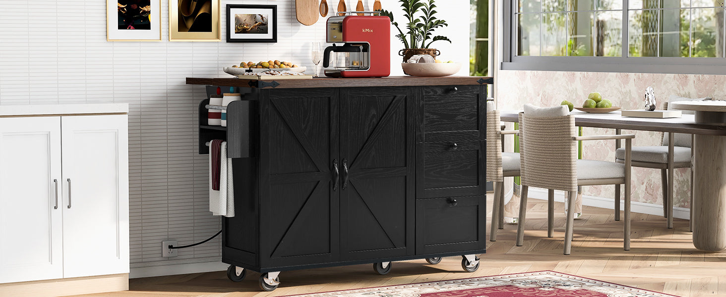 K&K 54.5" Farmhouse Kitchen Island With Power Outlet, Kitchen Storage Island With Internal Storage Rack, Drop Leaf, Spice Rack, Rolling Kitchen Cart On Wheels, For Home, Kitchen And Dining