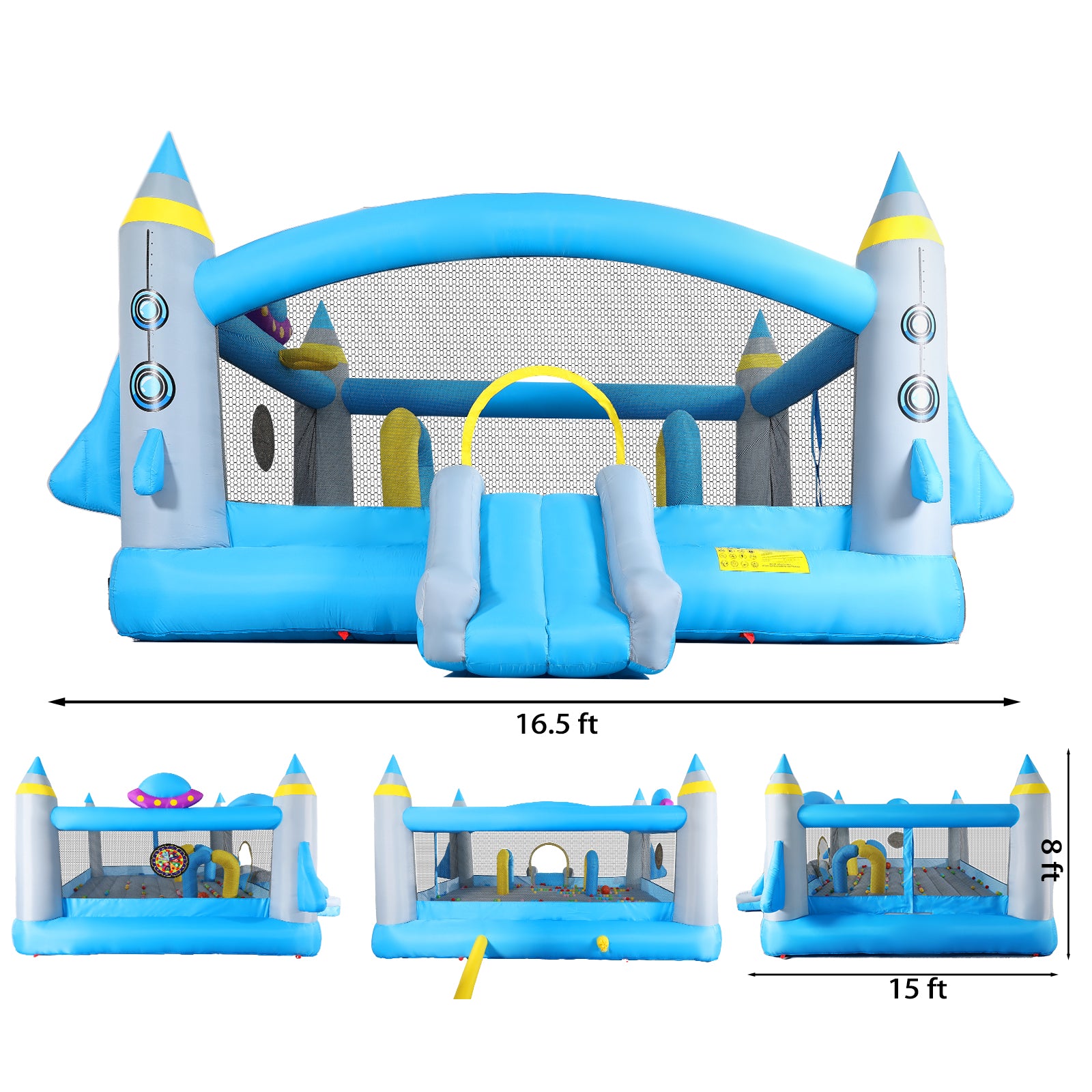 Multifunctional Jump 'N Slide Inflatable Bouncer For Kids Complete Setup With Blower 198" X 180" Play Area 96" Tall Multicolor Oxford Fabric Indoor & Outdoor Use