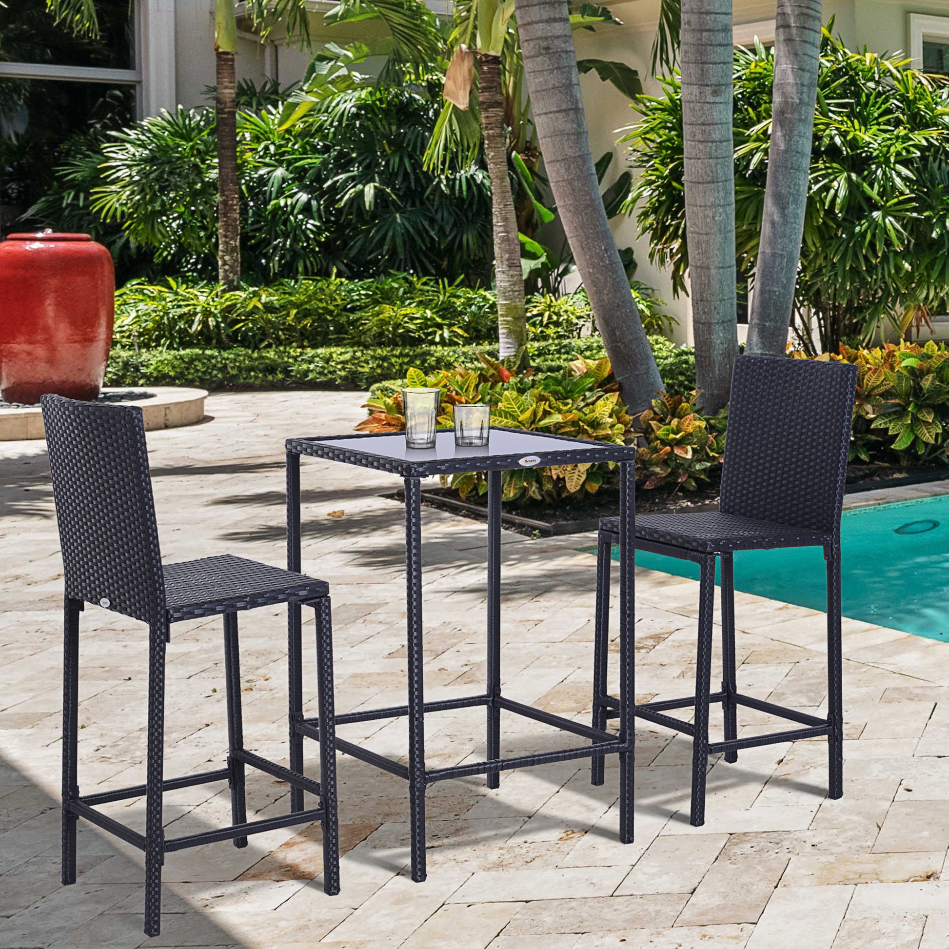 Outsunny 3Pcs Rattan Bar Set With Glass Top Table, 2 Bar Stools For Outdoor, Patio, Garden, Poolside, Backyard Black Aluminum