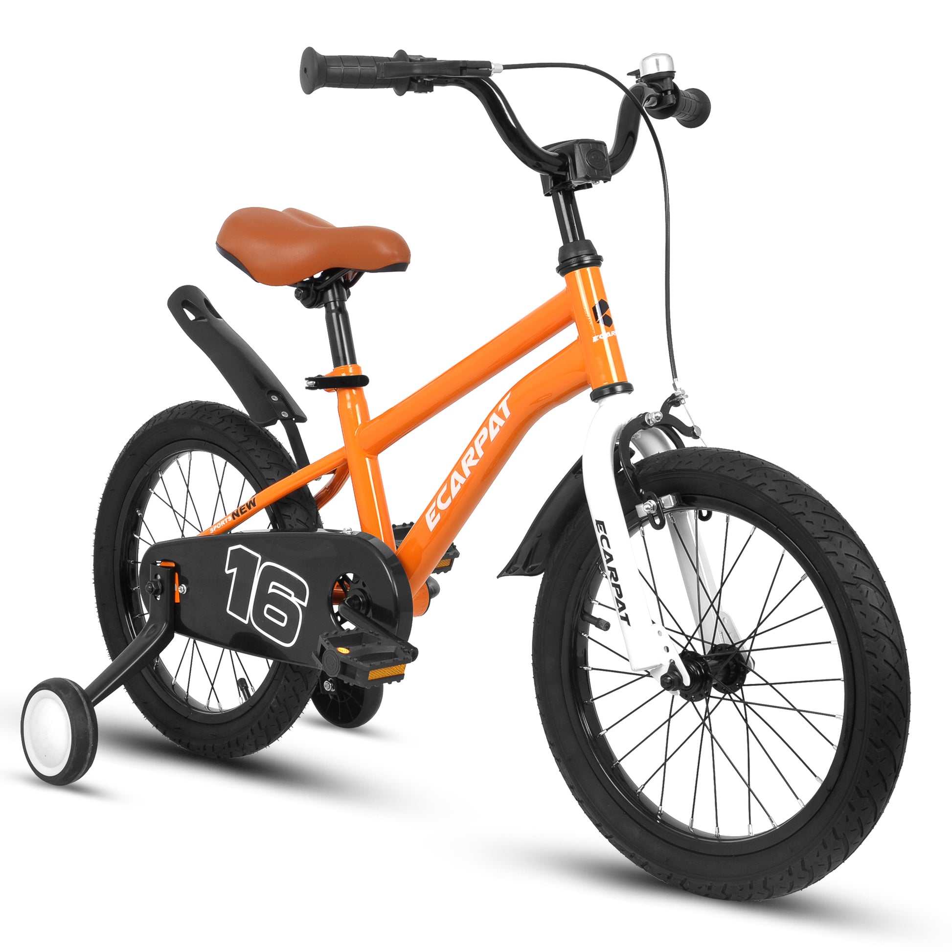 A16114 Kids Bike 16 Inch For Boys & Girls With Training Wheels, Freestyle Kids' Bicycle With Fender. Orange Steel