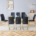 Table And Chair Set.Modern Rectangular Glass Dining Table With A Tempered Glass Tabletop And Metal Legs, Paired With Multiple Chairs Designed With Pu Cushions And Golden Metal Legs. Black Gold Seats 8 Tempered Glass