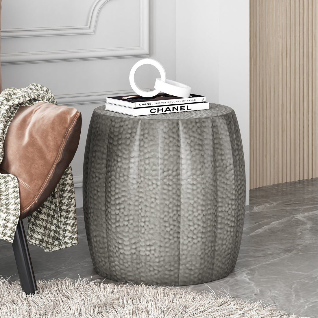 Metal Drum End Table Antique Silver Primary Living Space Contemporary Coffee & End Tables Iron