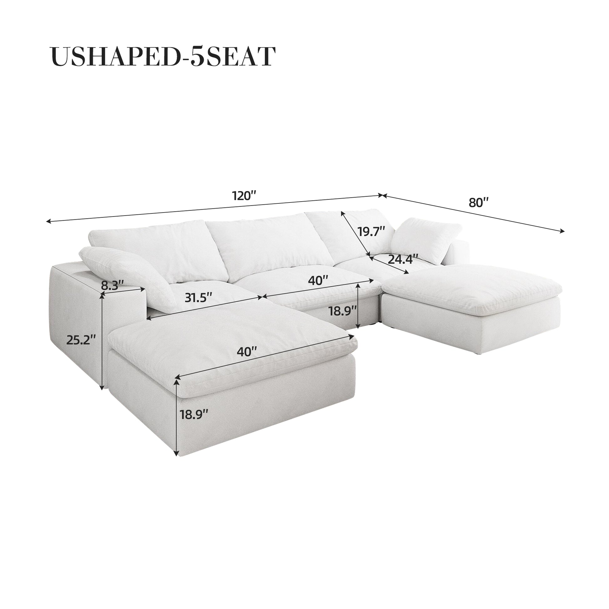 Large Size Modular Cloud Sofa 5 Seats Down Sofa Bed Apartment Living Room Sofa 3Seaters 2Ottoman White Down Filling 5 Seat