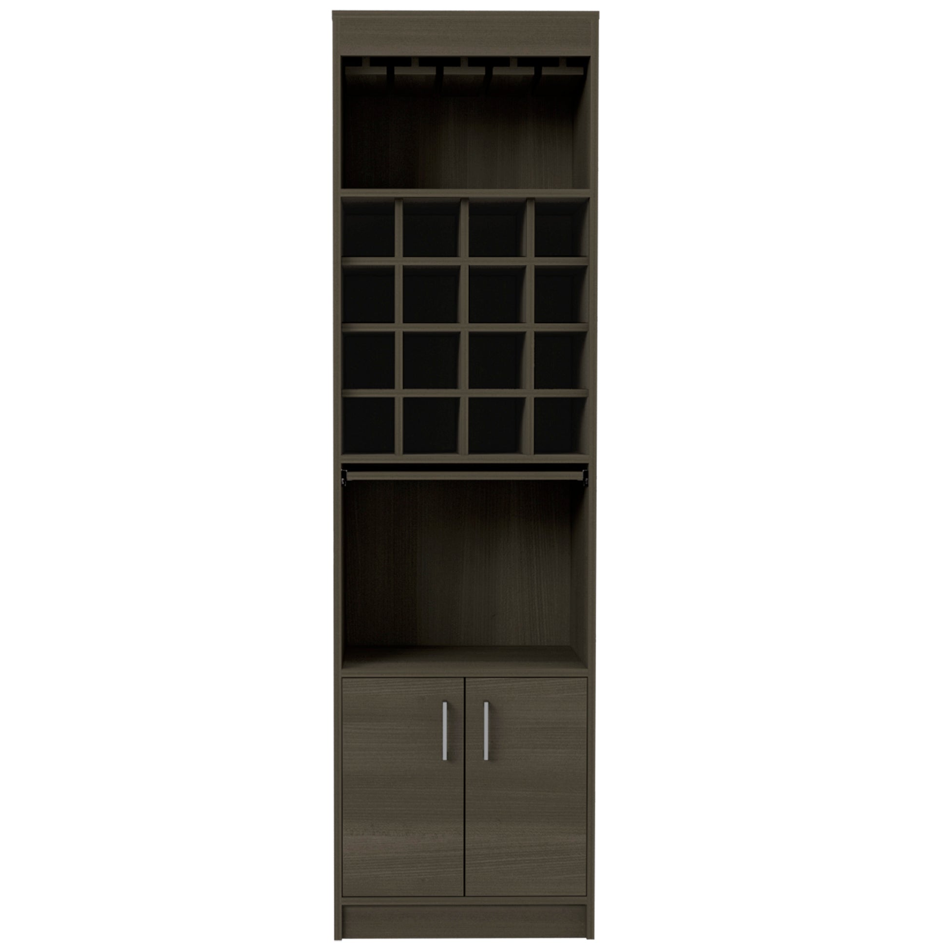 Kava Bar Cabinet, Concealable Serving Tray, Sixteen Built In Wine Rack, One Shelf, Double Door Smokey Oak Smoke Grey Particle Board Particle Board