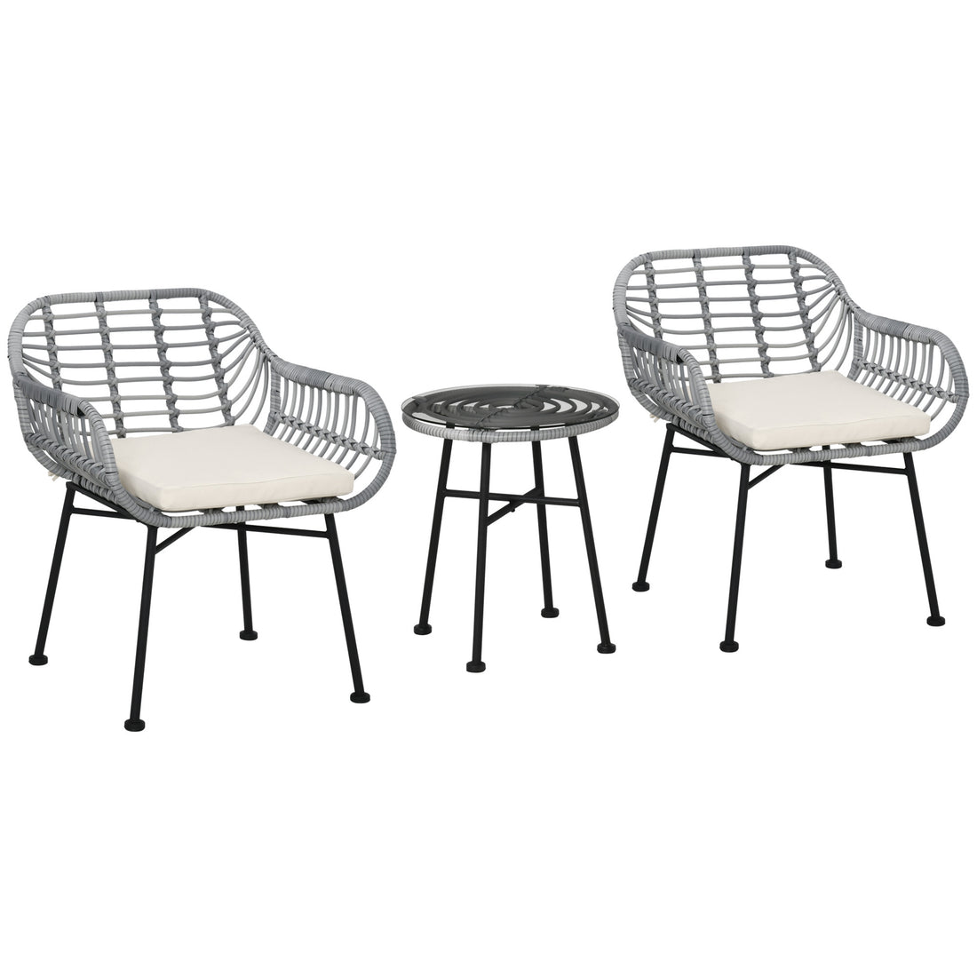 Outsunny 3 Piece Patio Set, Outdoor Bistro Furniture, Pe Rattan Wicker Table And Chairs, Cushioned, Hand Woven, Modern Look With Tempered Glass For Garden, Porch, Pool, Backyard, Cream White Gray White Matte Steel