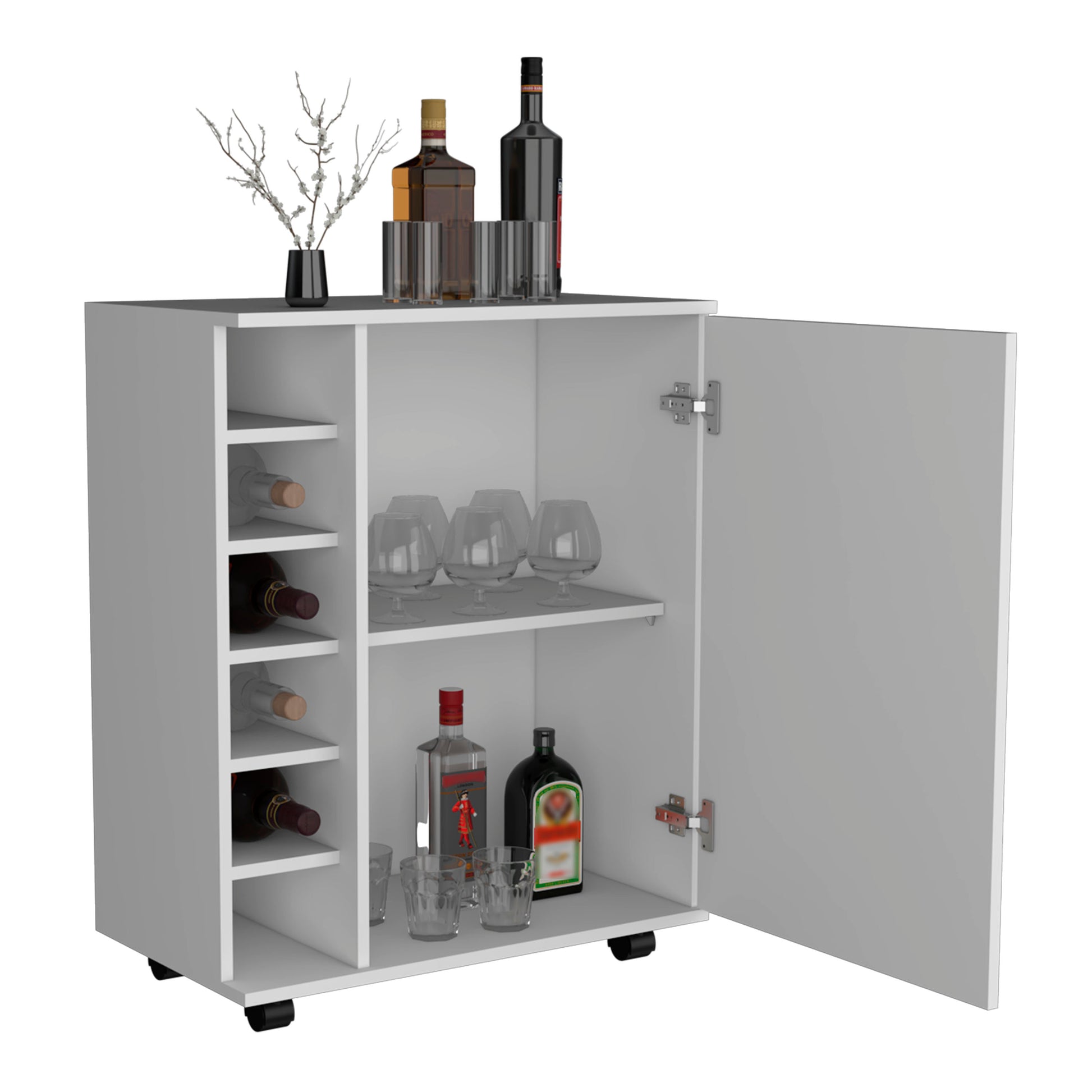 Wick Bar Cart With Integrated Wine Storage, Spacious Cabinet And Smooth Rollers White Dining Room Modern Particle Board Shelves Included Engineered Wood