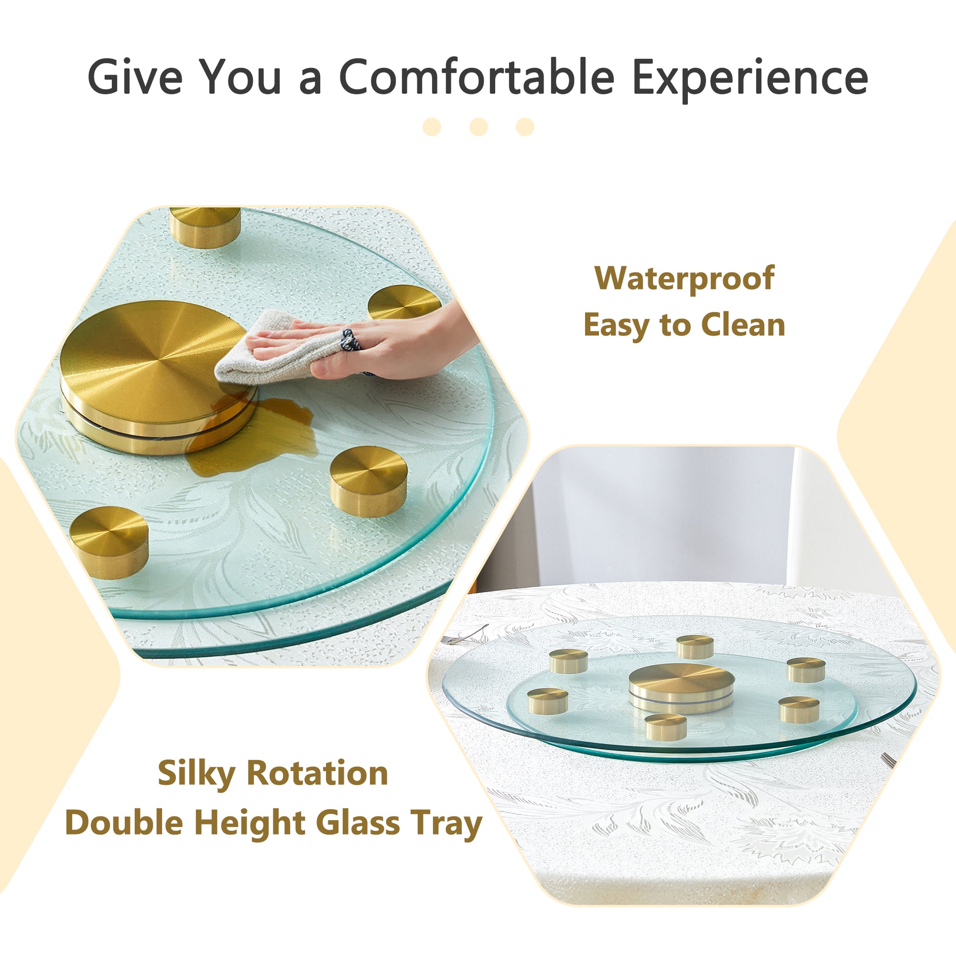 Double Layer Rotatable Round Glass.Golden Aluminum Plate,The Rotatable Design Makes It Convenient To Retrieve And Place Items.The Upper Glass Has A Diameter Of 20 Inches,The Lower Glass15 Inches.