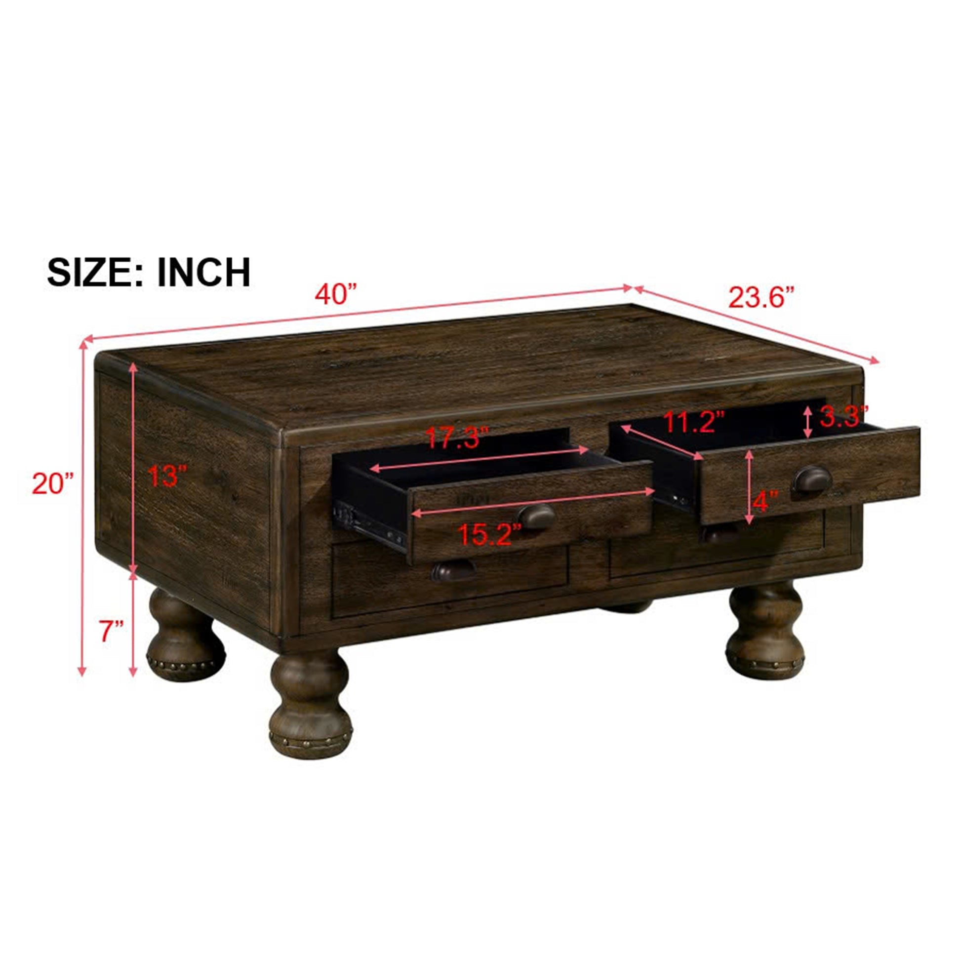 Solid Wood Rectangle Coffee Table For Living Room, 40 Inch Antique Coffee Table With 4 Drawers, Wood Center Table Tea Table With Rivet Decoration Legs.Easy Assembly, Espresso Espresso Pine