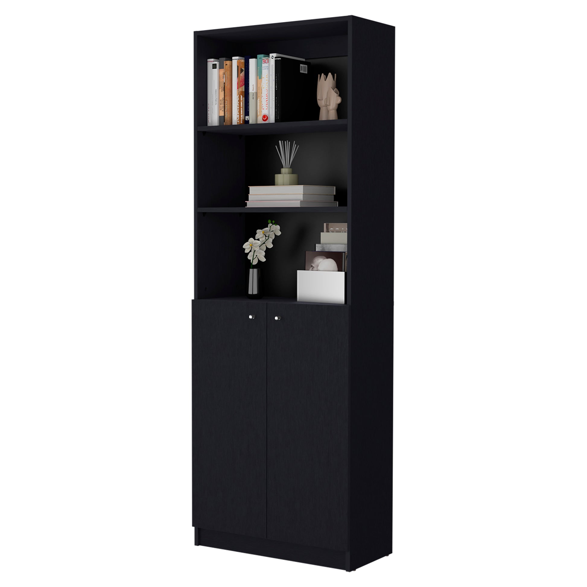 Sutton 2 Door Bookcase, Storage With Multi Level Shelves And Double Door Design Black Particle Board Engineered Wood