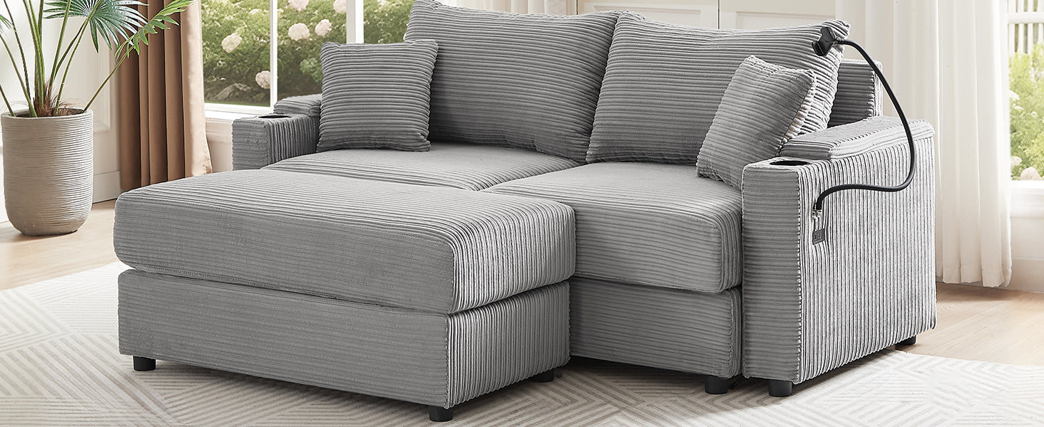 72.8" Modern Style Loveseat Sofa Sectional Sofa Couch With Storage Space, A Movable Ottoman, Two Usb Ports, Two Cup Holders, A Phone Holder For Living Room, Gray Gray Foam Corduroy 3 Seat