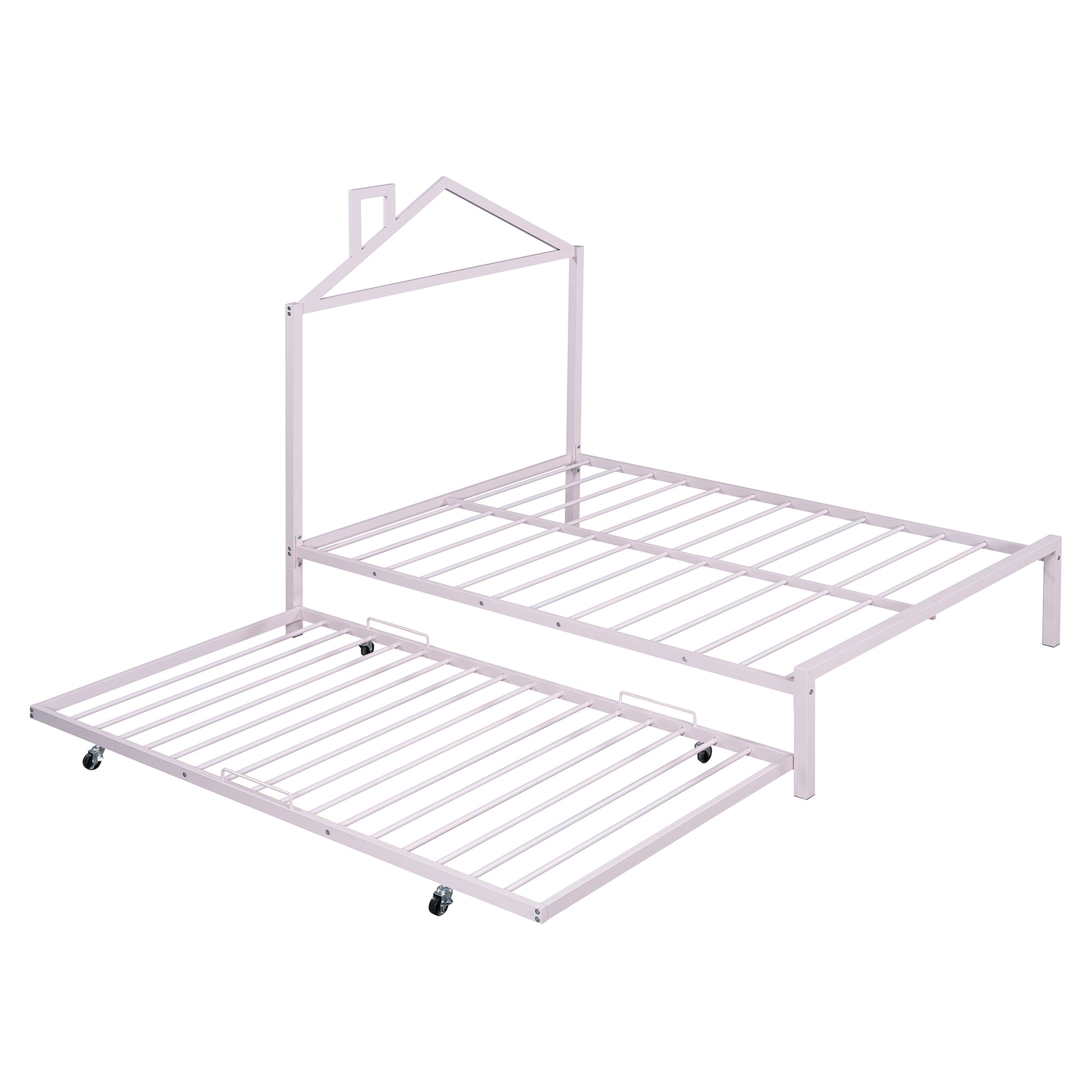 Full Size Metal Platform Bed With Twin Size Trundle,House Shaped Headboard Design, Pink Full Pink Metal