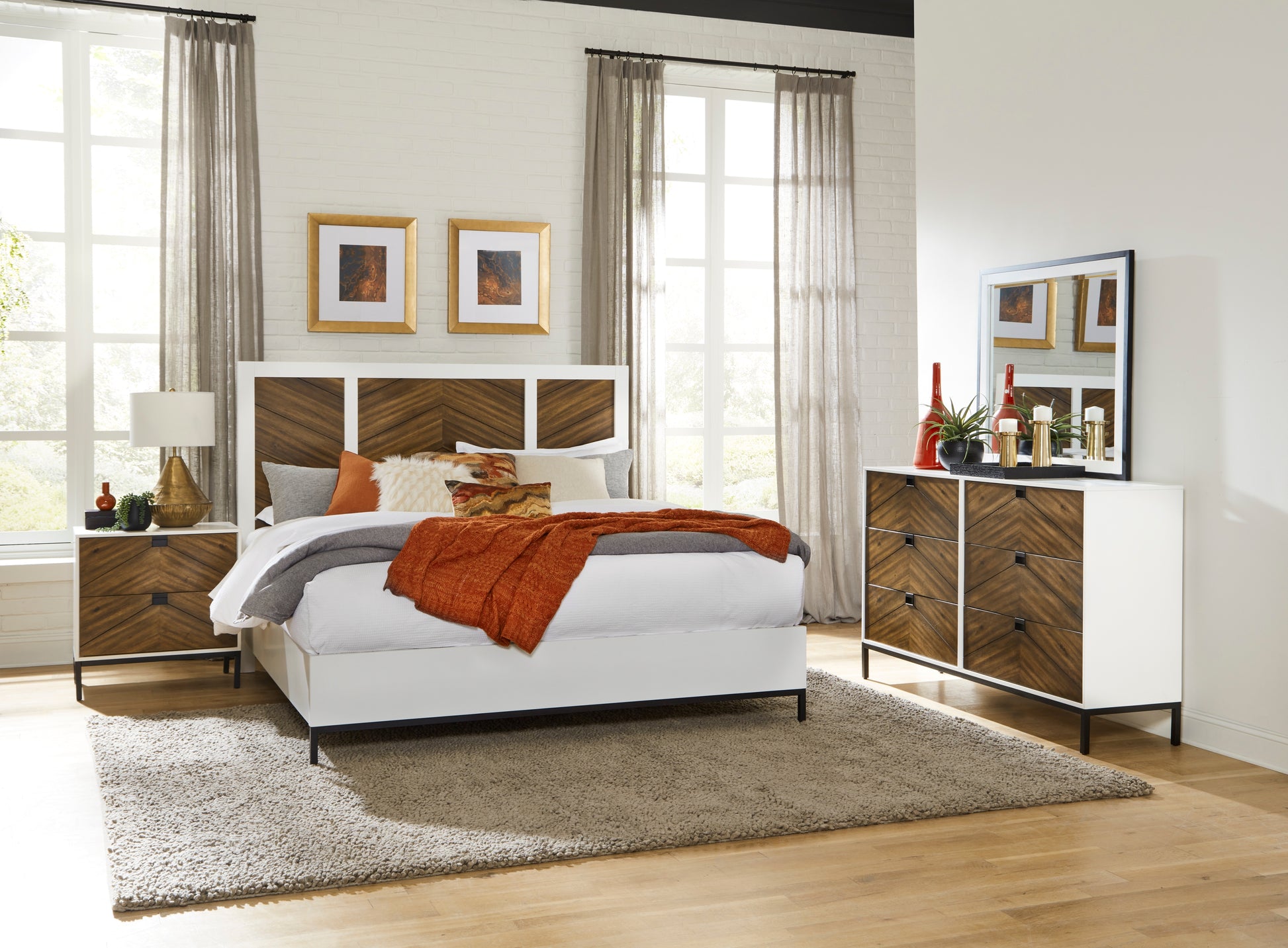 Beautiful White And Walnut Finish 1Pc Eastern King Bed Chervon Wood Headboard With 2 Usb Ports Modern Bedroom Furniture Box Spring Required King White Walnut Bedroom Wood