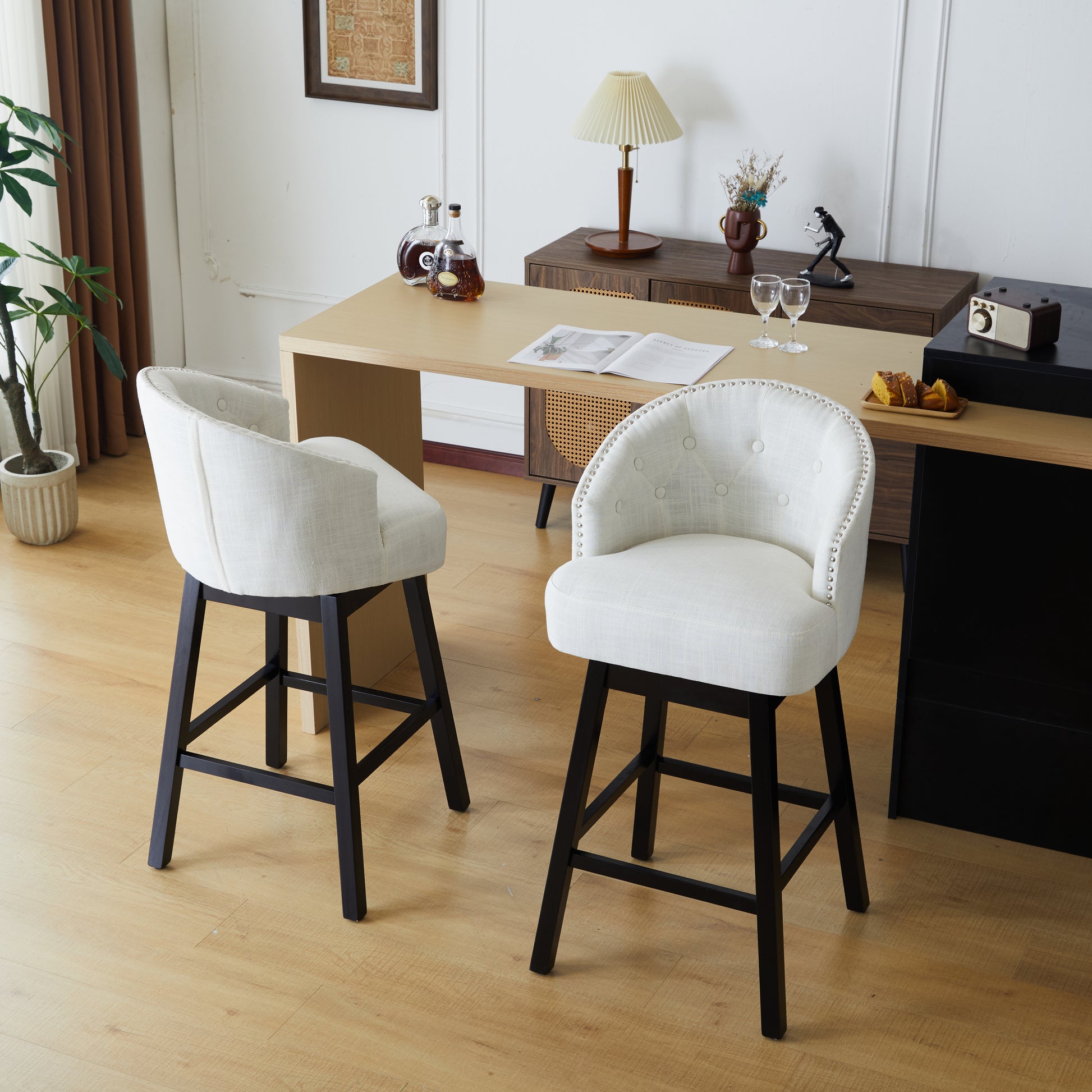 33.25" Swivel Counter Stools Set Of 2, Upholstered Counter Height Bar Stools With Solid Rubber Wood Frame, Backrest, Footrest, Armless Barstools For Home Bar, Kitchen Counter, Black Beige Rubberwood