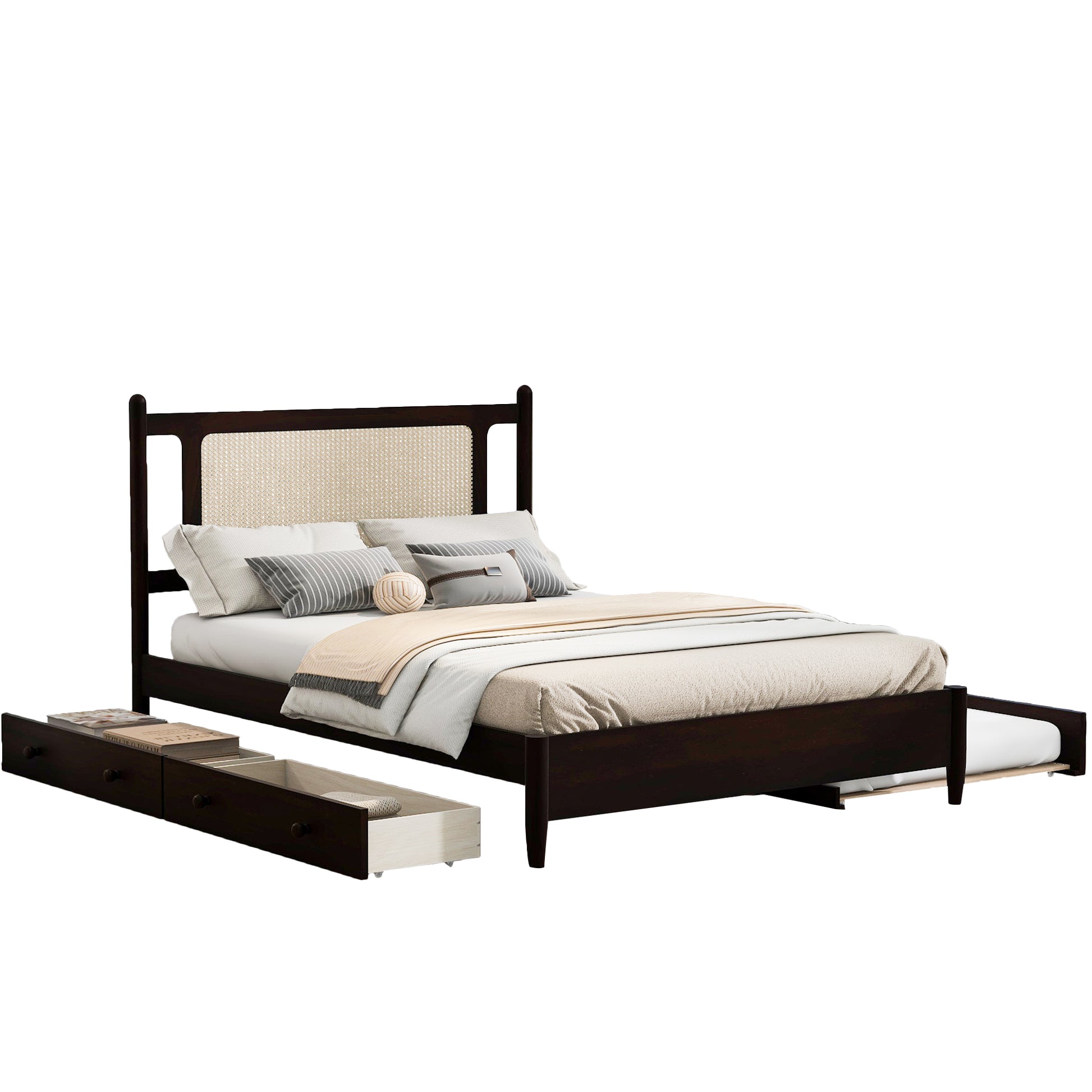 Queen Size Wooden Rattan Platform Bed, With 2 Big Drawers, T Size Trundle, Espresso Queen Espresso Plywood