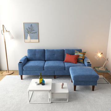 Convertible Combination Sofa Sofa L Shaped Sofa With Storage Cabinet Footstool, Living Room Navy Blue Sofa, Living Room Bedroom Office Small Space 3 Seater Combination Sofa Navy Blue Metal 3 Seat