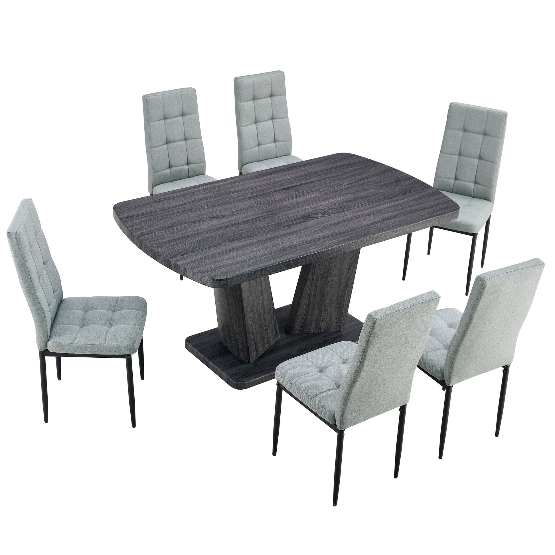 Dining Table Set For 6, 7 Piece Kitchen Table Chairs Set, 1.8" Thickness Tabletop And V Shaped Table Legs, Modern Dining Room Set With 63 Inch Dinner Table And 6 Upholstered Chairs For Dining Room Metal Gray Dining Room Classic,Mid Century Modern,Modern