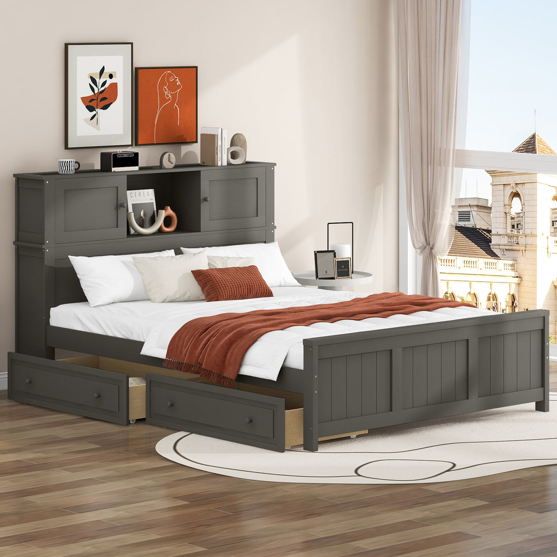 Full Size Platform Bed With Storage Headboard And Sliding Door,2 Drawers, Gray Full Gray Solid Wood Mdf