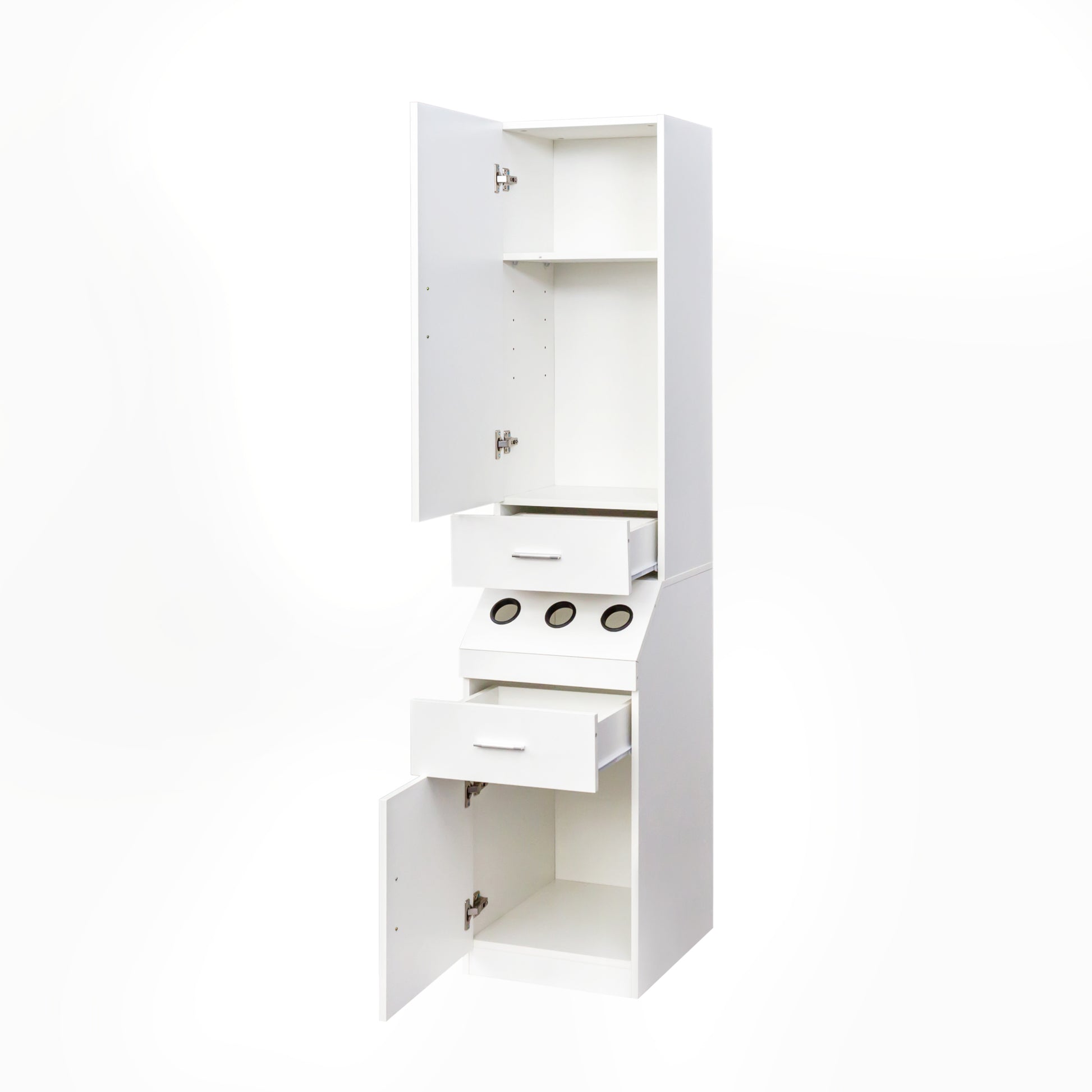 Salon Station, Barber Stations With 2 Tier Storage Shelf With Door, Hair Styling Storage Cabinet With 2 Drawer, A Large Storage Cabinet & 3 Hot Tool Holders White Particle Board Mdf