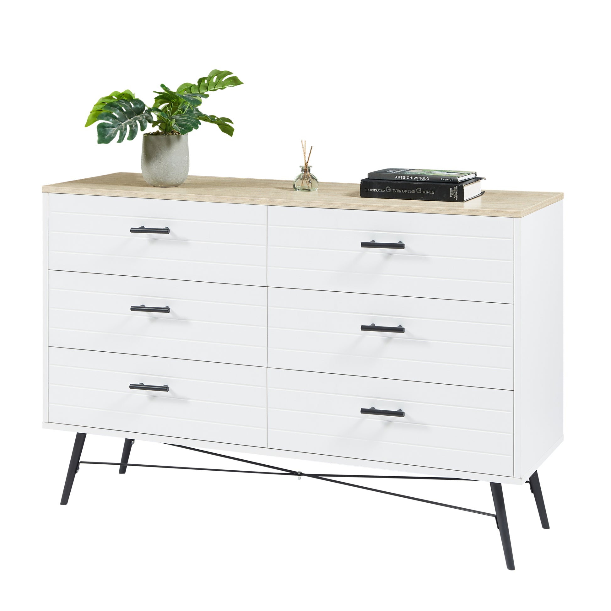 6 Drawer Dresser For Bedroom With Deep Drawers, Wood Dressers & Chest Of Drawers, Modern White Long Dressers For Closet Living Room, 47.2"W X 15.7"D X 31.5"H, White & Oak 5 Or More Drawers White Light Oak Brown Bedroom Rustic,Vintage Particle Board