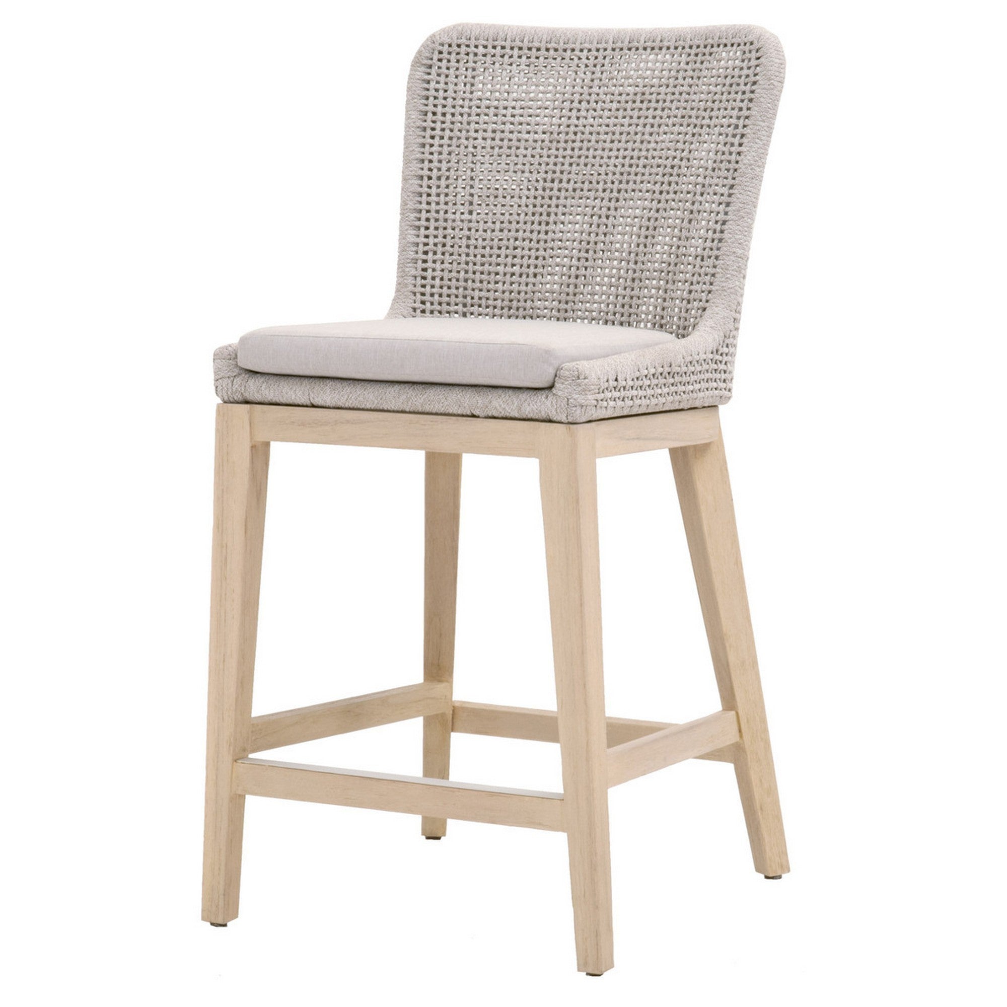 Counter Stool With Mesh Design Rope Backrest, Brown And Gray Grey Brown Wood Rope