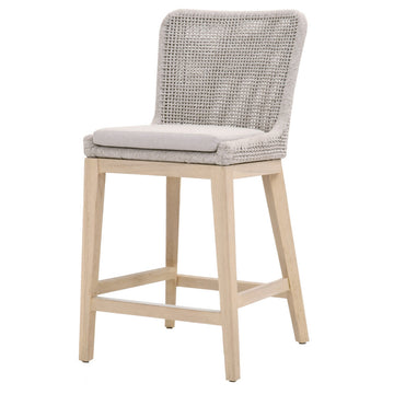 Counter Stool With Mesh Design Rope Backrest, Brown And Gray Grey Brown Wood Rope