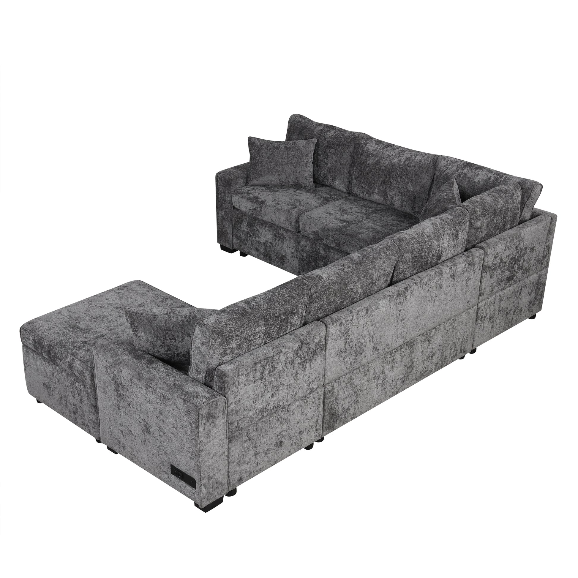 112.2" Sectional Sofa Pull Out Sofa Bed Sleeper With A Storage Ottoman,Three Pillows And Charging Devices For Living Room, Grey Grey Foam Chenille 6 Seat