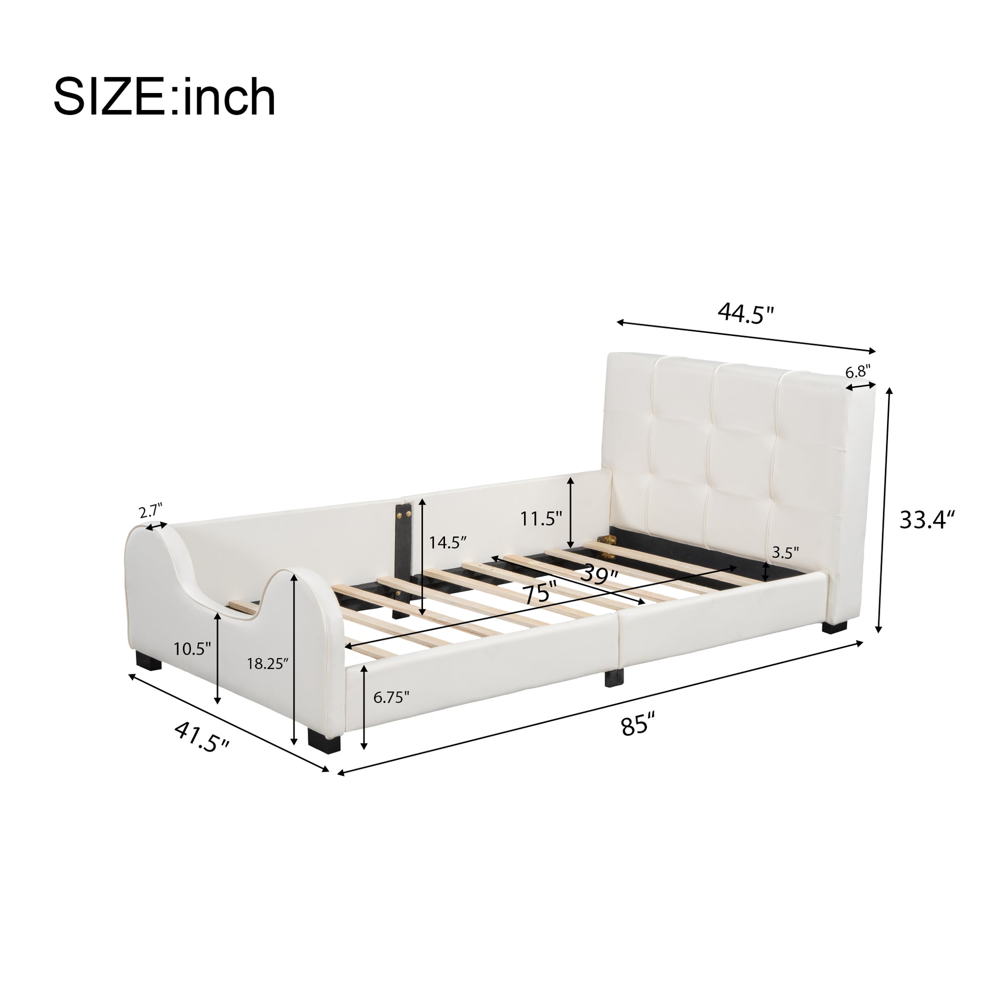 Twin Size Upholstered Platform Bed With Guardrail, White Box Spring Not Required Twin White Wood Faux Leather Upholstered