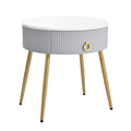 19.6'' Easy Assembly End Tables With High Gloss Faux Marble Tabletops, Set Of 2, Modern Fluted 2 Side Tables With Drawers, Round Coffee Tables With Golden Legs For Living Room, Grey Grey Gold Primary Living Space Drawers Round Mdf Iron