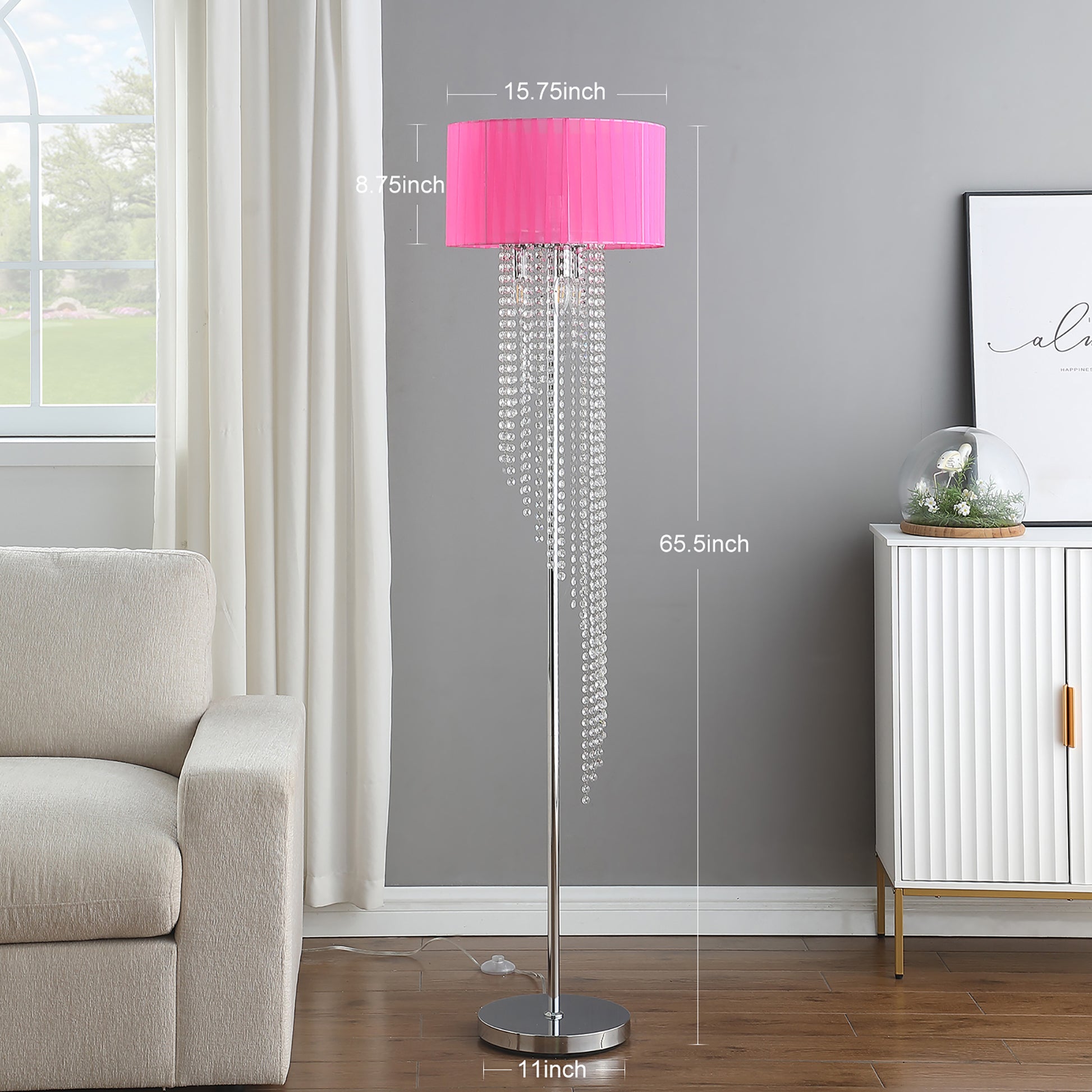 65.75"H Sheer Hot Pink Drum Shade Rain Crystal Chrome Metal Floor Lamp For Living Room, Standing Lamp For Bedroom Multicolor Metal