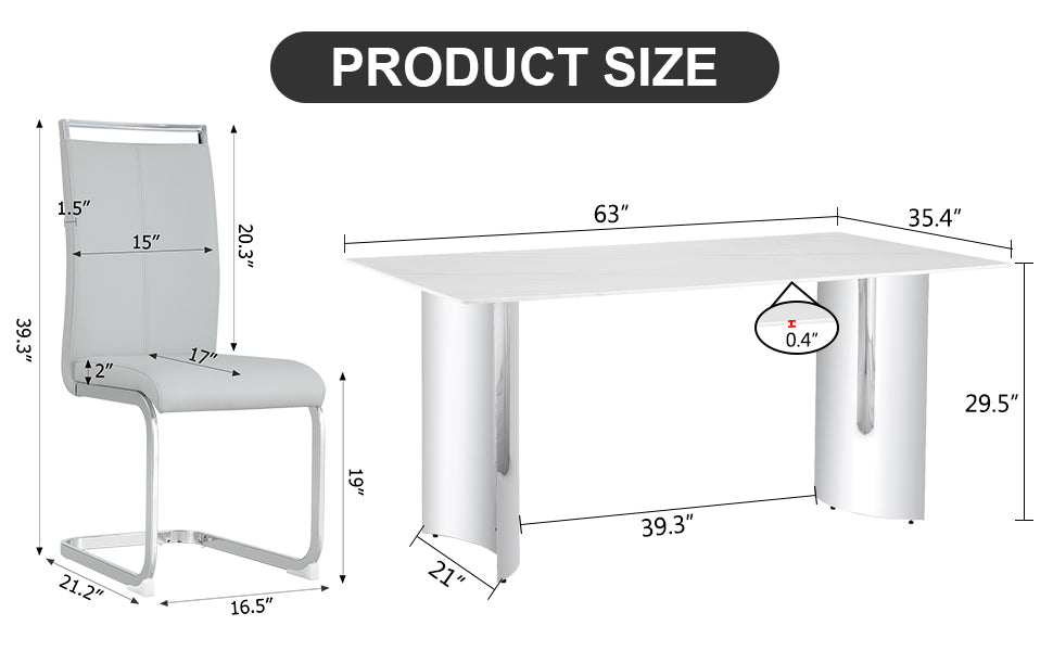 Modern Minimalist Dining Table. Imitation Marble Glass Sticker Desktop, Stainless Steel Legs, Stable And Beautiful. 6 Premium Pu Seats. 63 Inches * 35.4 Inches * 29.5 Inches Dt 69 C 1162 Silver Glass