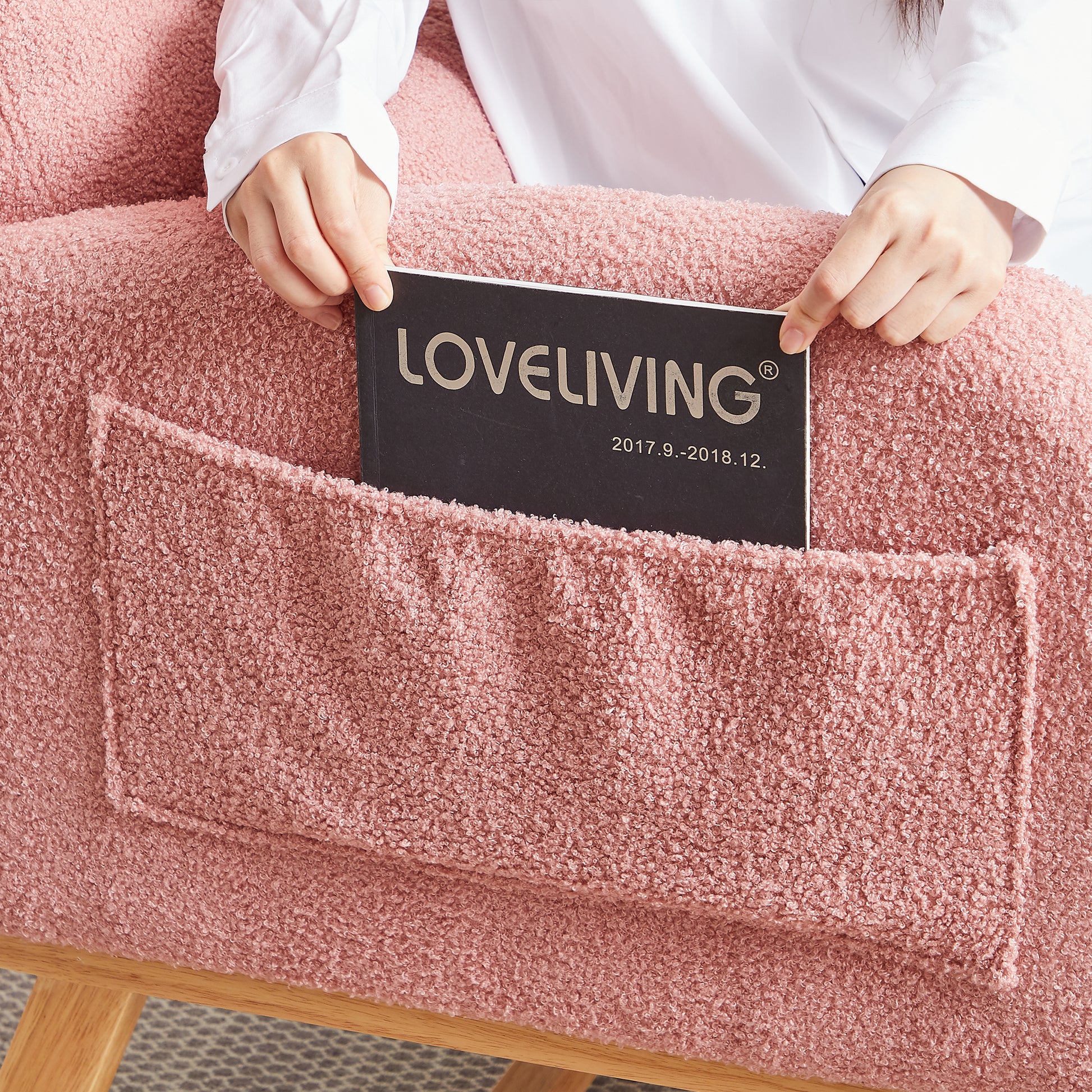 27.2"W Modern Accent High Backrest Living Room Lounge Arm Rocking Chair, Two Side Pocket Pink Foam Fabric