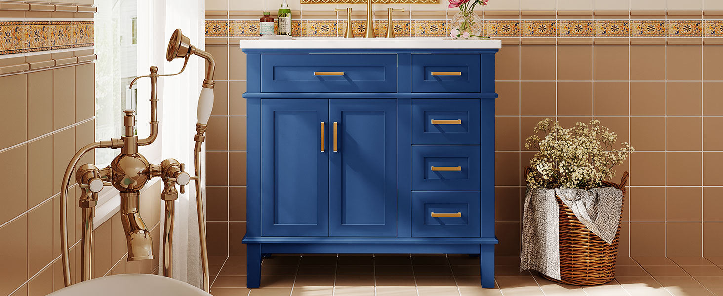 36 Inch Bathroom Vanity With Resin Sink, Modern Bathroom Cabinet In Blue, Featuring Two Soft Close Doors And Four Drawers Blue Bathroom Solid Wood Mdf Resin