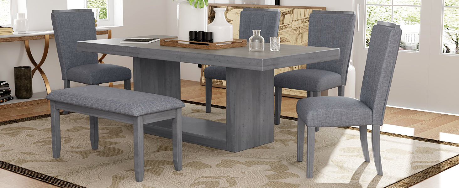 Contemporary 6 Piece 78inch Extendable Pedestal Dining gray-wood-dining room-solid