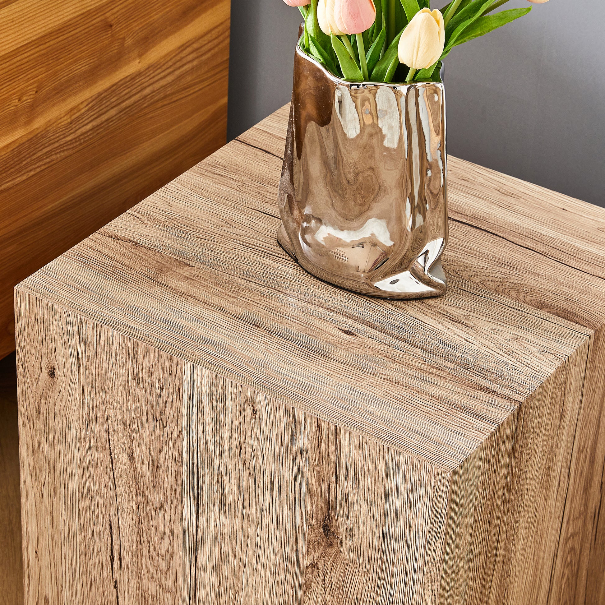Elevate Your Living Space With This Modern Mdf Coffee Table That Showcases Smooth, Light Wood Color Texture Patterns. It Is Characterized By Stylish Design. Wood Mdf