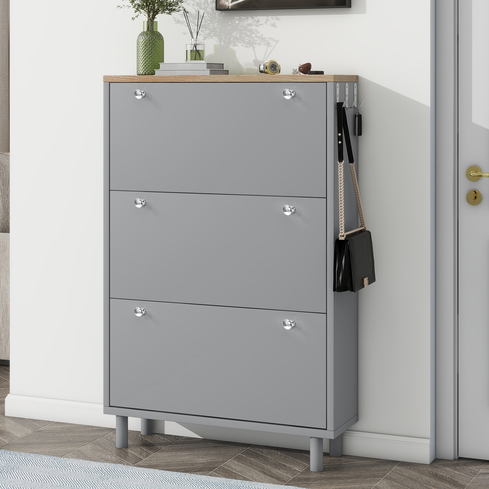 Narrow Design Shoe Cabinet With 3 Flip Drawers, Wood Grain Pattern Top Entryway Organizer With 3 Hooks, Free Standing Shoe Rack With Adjustable Panel For Hallway, Grey Freestanding 3 4 Drawers Grey Primary Living Space Shelves Included Particle Board