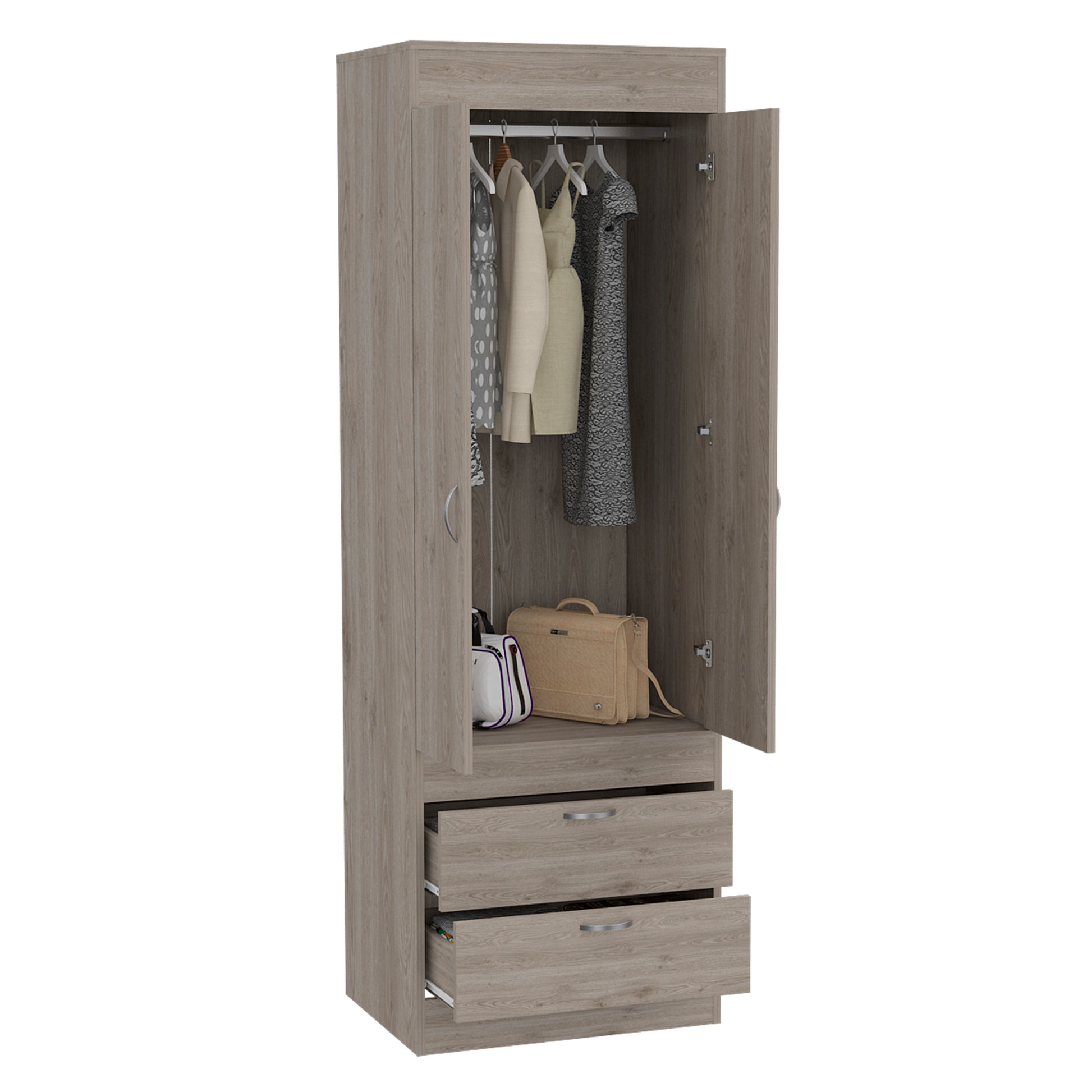 Lisboa Armoire, Rod, Double Door, Two Drawers, Metal Handles Light Gray Gray Bedroom Modern Particle Board Particle Board